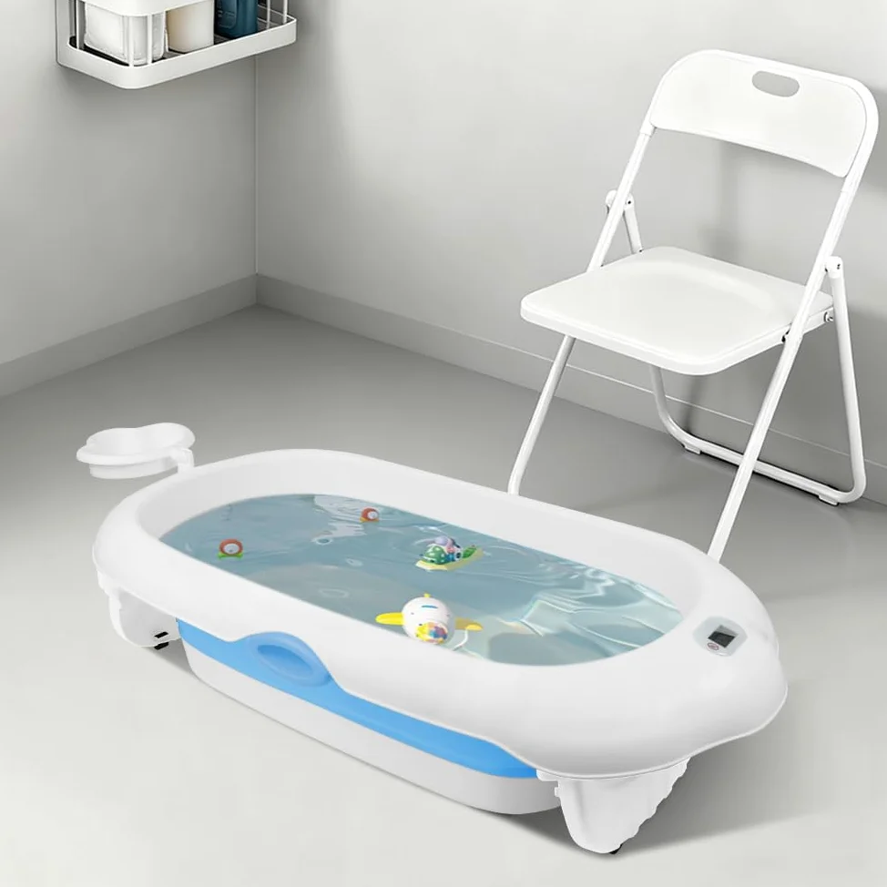 Vasca da bagno pieghevole con cuscino di supporto per il bagno, con cuffia da bagno impermeabile, supporto, termometro, pieghevole compatto e facile da pulire