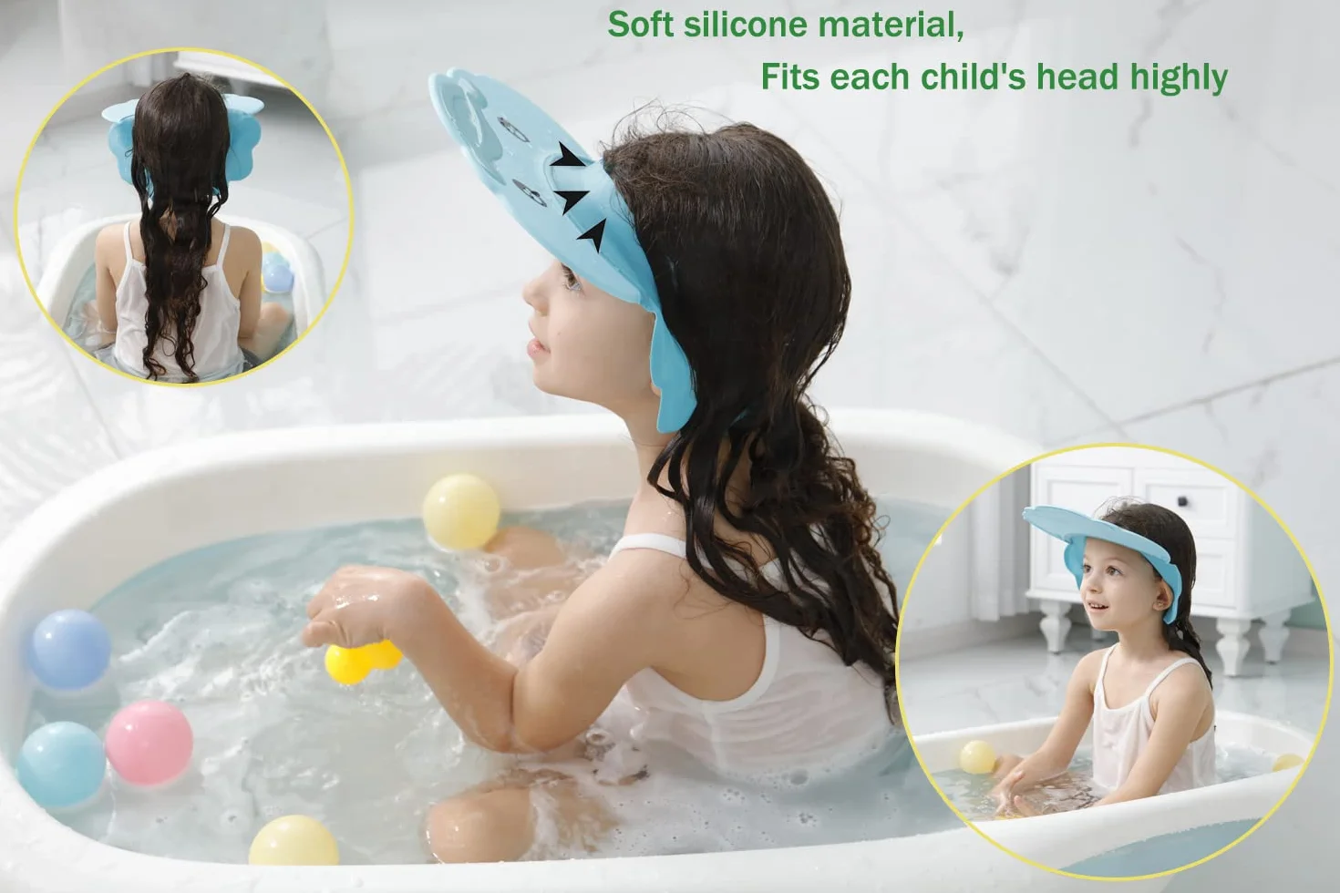 Blu Doccia Cap per Bambino, Sicurezza Cappello da Bathing, cappello con visore regolabile morbido per neonati e bambini, Proteggi occhi, bocca, orecchie(per 0.5-12 anni di età)
