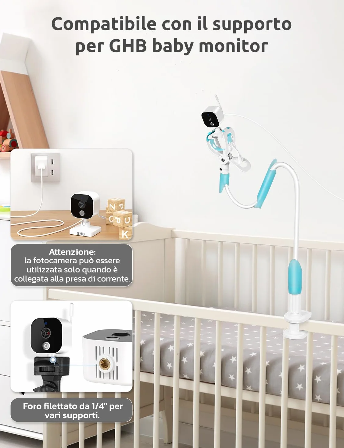 GHB Baby Monitor Video e Audio 5" Telecamera Neonato con Monitor IPS 5000mAh VOX, Visione Notturna, Rilevamento della Temperatura, Ninnananna