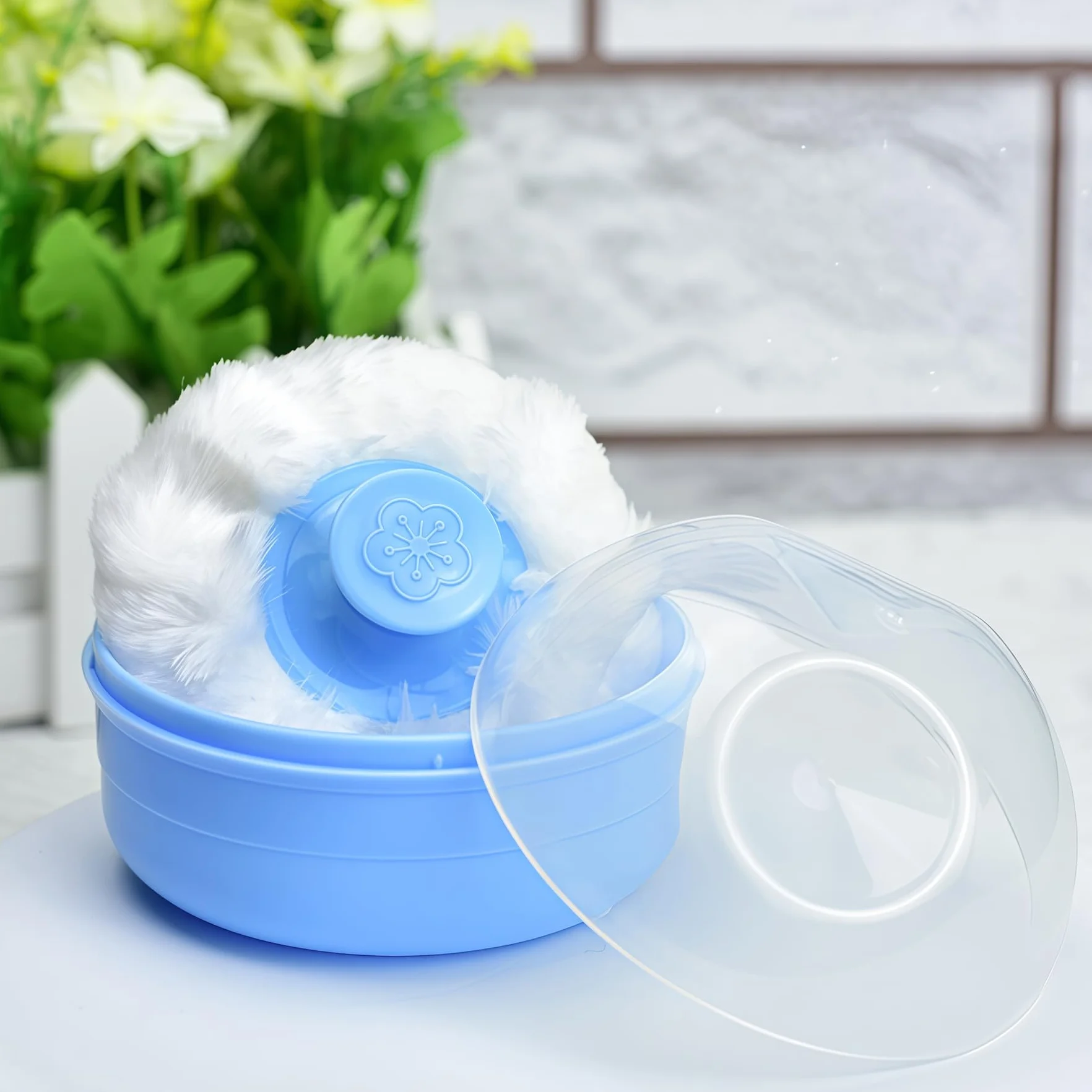 2PCS (blu + rosa) di plastica per la cura della pelle del bambino dopo lo sciolto caso polvere in polvere per il corpo fronte talco contenitore stoccaggio trucco con soffio di spugna morbida