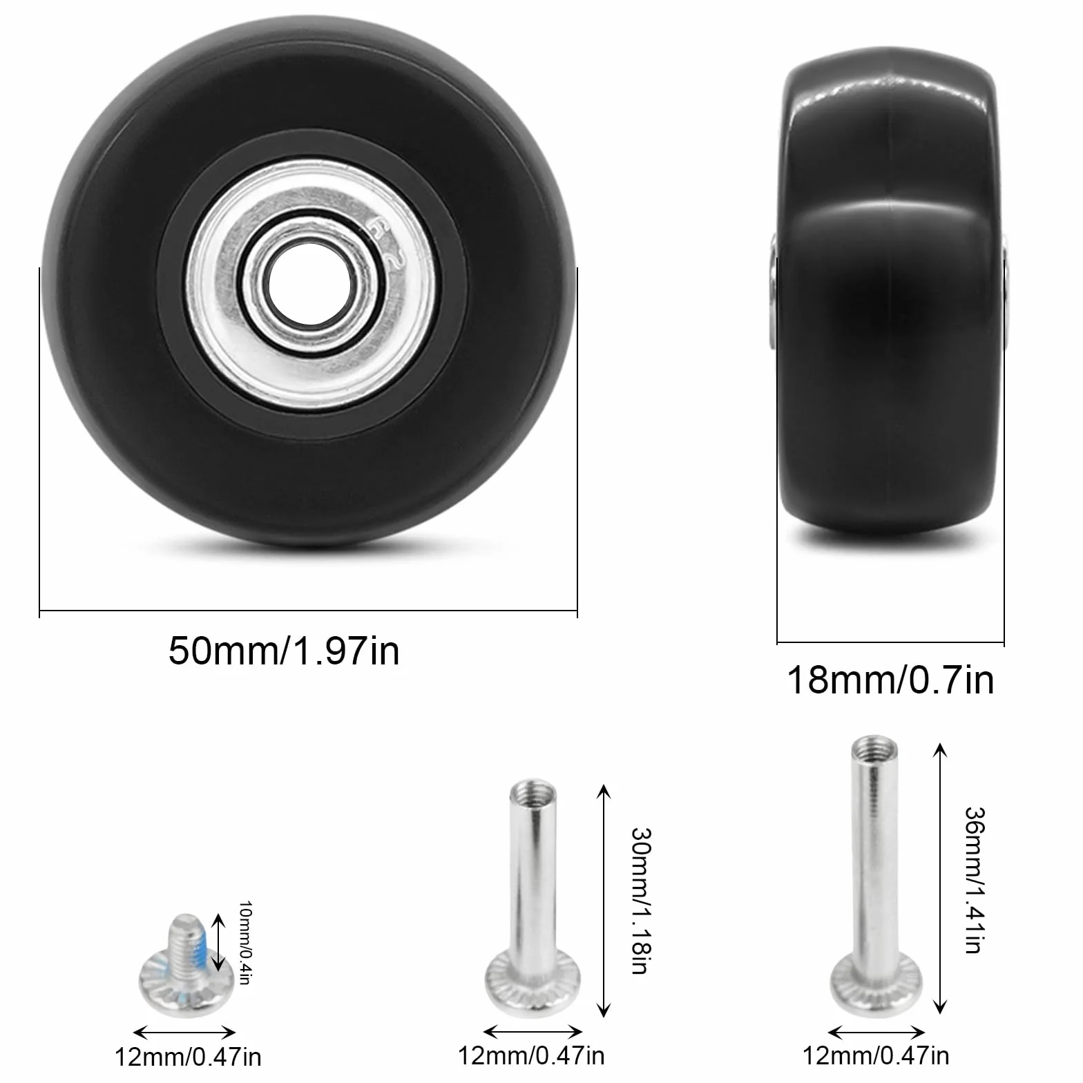 4 Pezzi Ruote Trolley Ricambio 50mm x 18mm Ruote Valigia Ricambio Ruote per Valigia con Parti di Ricambio Dell'Albero in Metallo Adatto per Boxie Carrelli a Mano Passeggini (Nero)