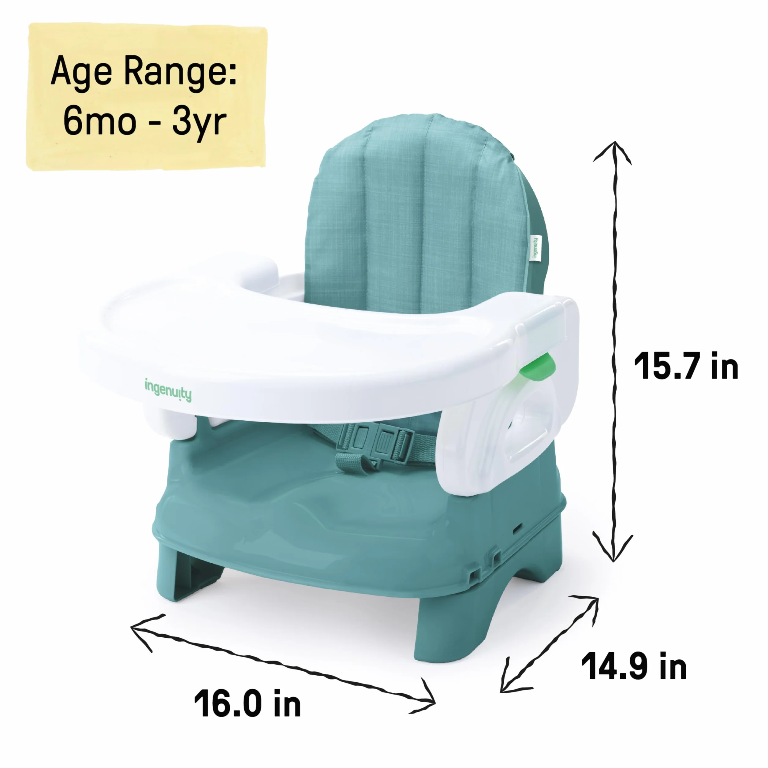 Ingenuity, Deluxe Comfort Seggiolino da Tavolo per Bambini Pieghevole, Altezza Regolabile, Imbottito, Leggero, Teal, 6M-3Y