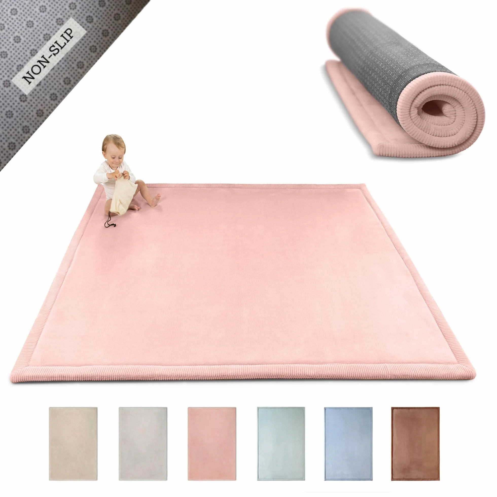 Elegante tappeto da gioco per bambini in velluto corallo, 152,4 x 203,2 cm, rosa, morbido 2,5 cm di spessore in memory foam ad alta densità, con retro antiscivolo per gattonare e giocare