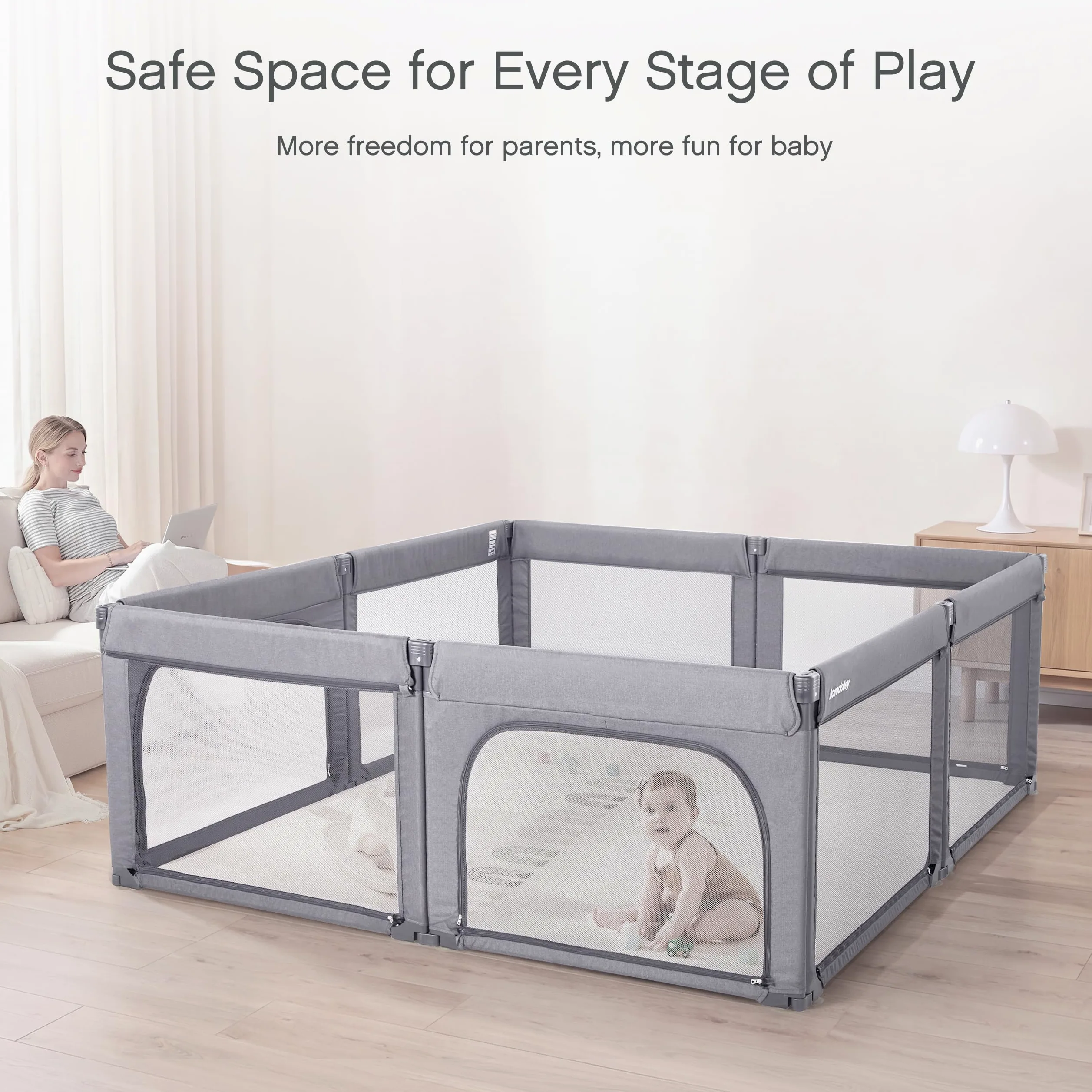 Box per bambini, cancelletto di sicurezza pieghevole, facile da montare, misura grande e regolabile, per interni, 180 x 200 cm, grigio chiaro