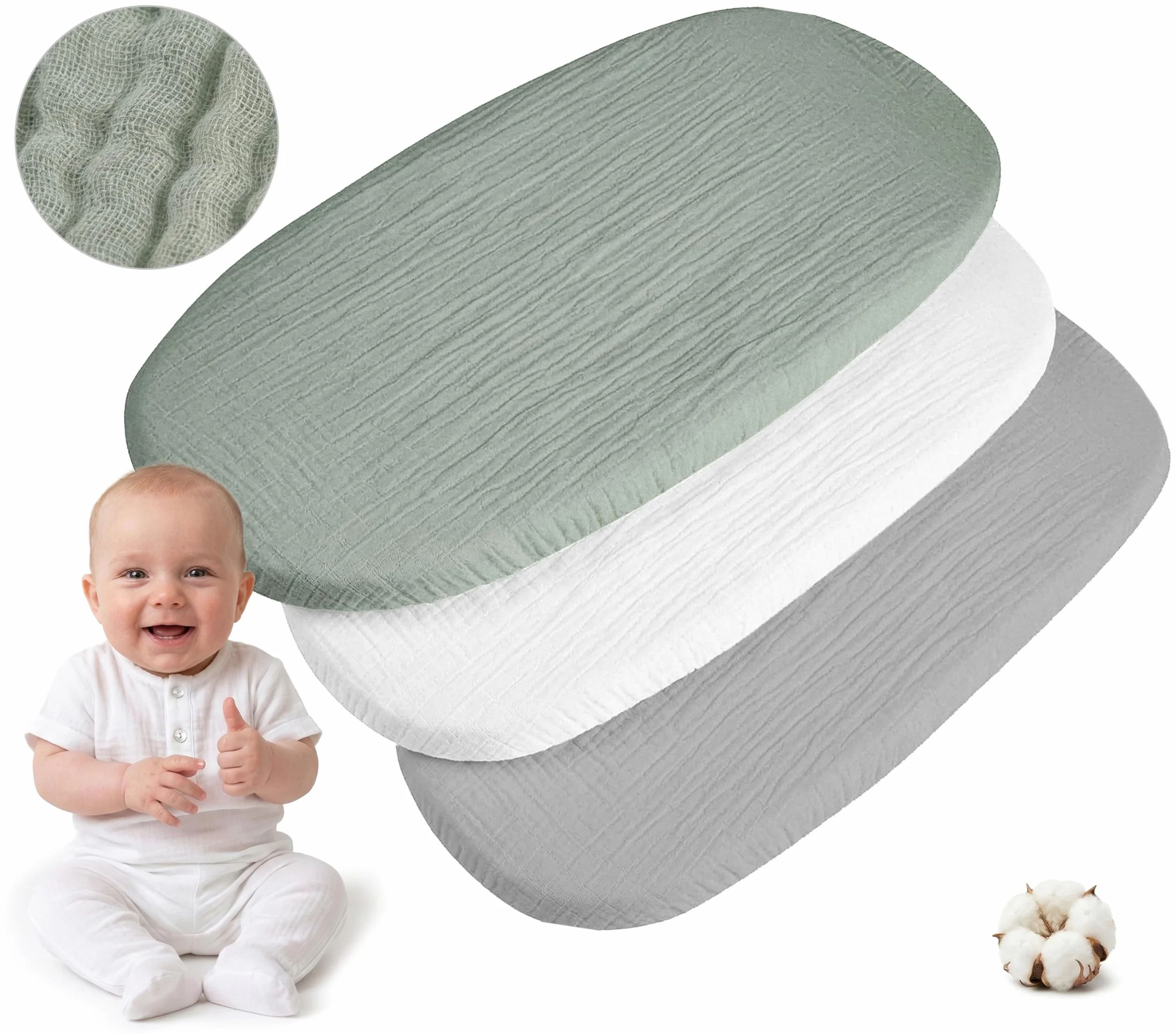 Medi Partners Lenzuola Lettino Culla 86x40 Set 3 Lenzuolo Navicella Neonato Carrozzina con Angoli - 100% Cotone Mussole Passeggino Materasso Fitted Sheet Coprimaterasso (Oliva-Bianco-Grigio)