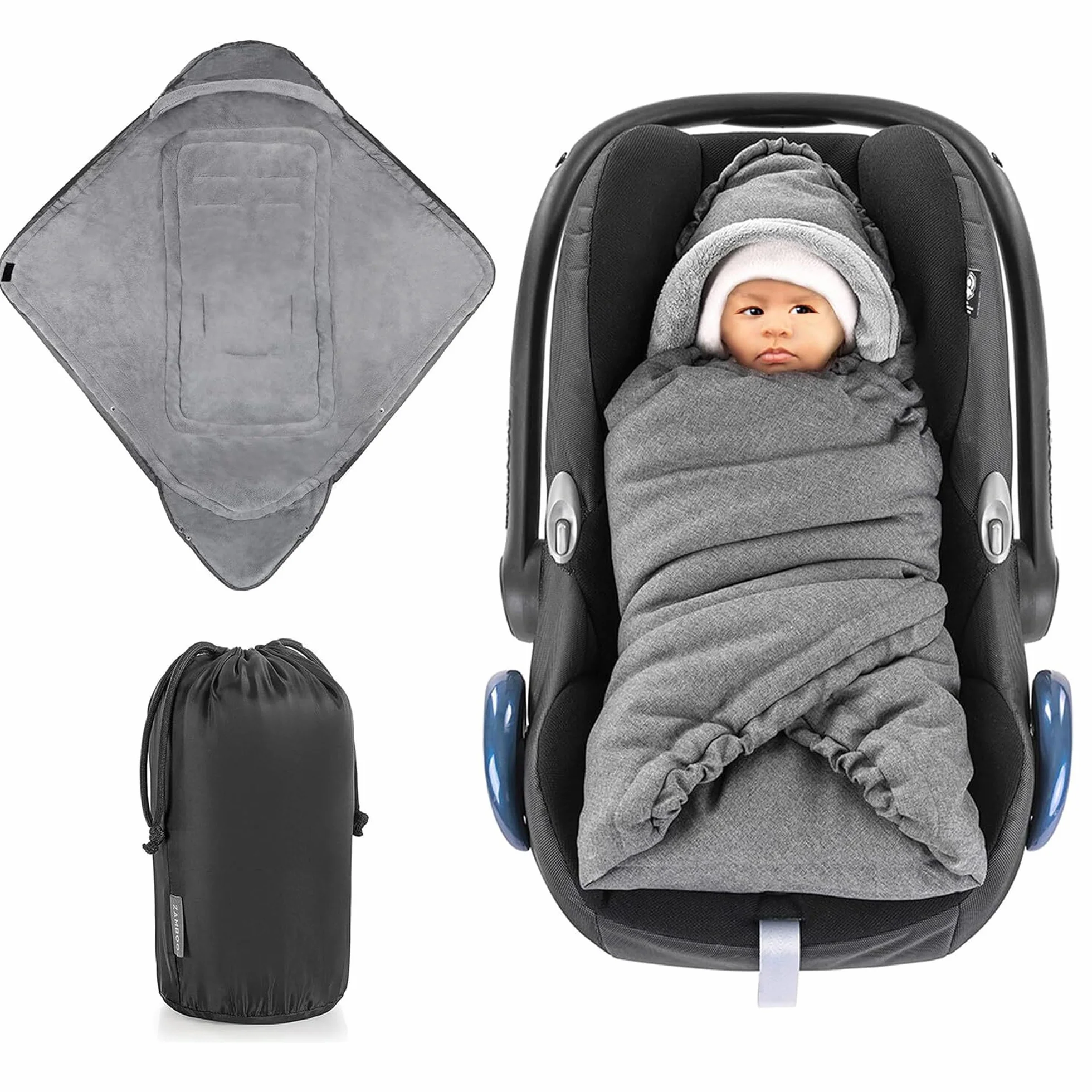 Zamboo Coperta Neonato con Aperture per Cinture e Borsa - Copertina Ovetto Invernale utilizzabile come Sacco a Pelo - Grigio