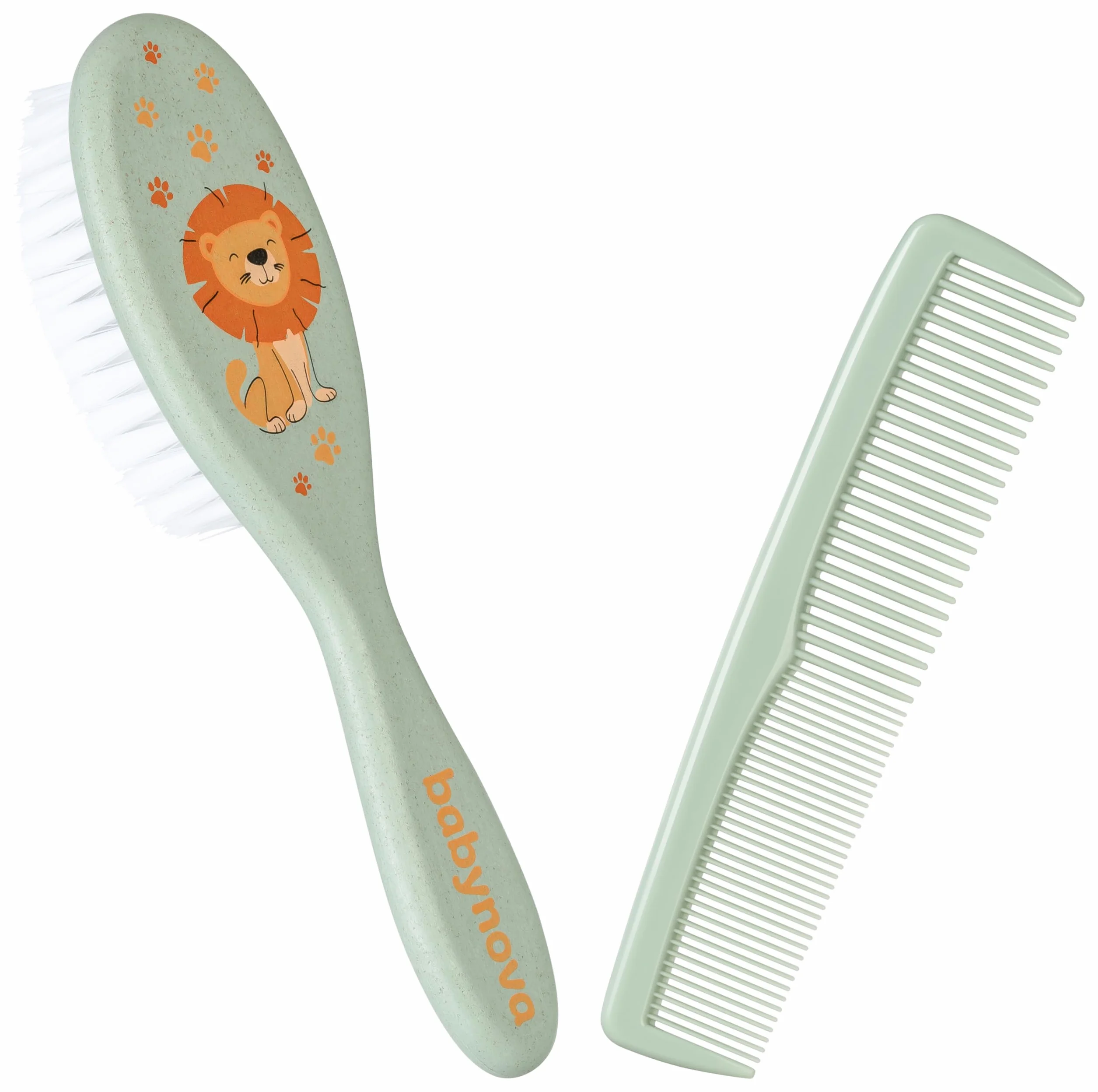 babynova Set Pettine & Spazzola – Set Cura dei Capelli con Setole in Nylon Naturale Ultra Morbide per Bambini & Neonati – Cura Delicata per Cuti Sensibili – Senza BPA – Verde leone