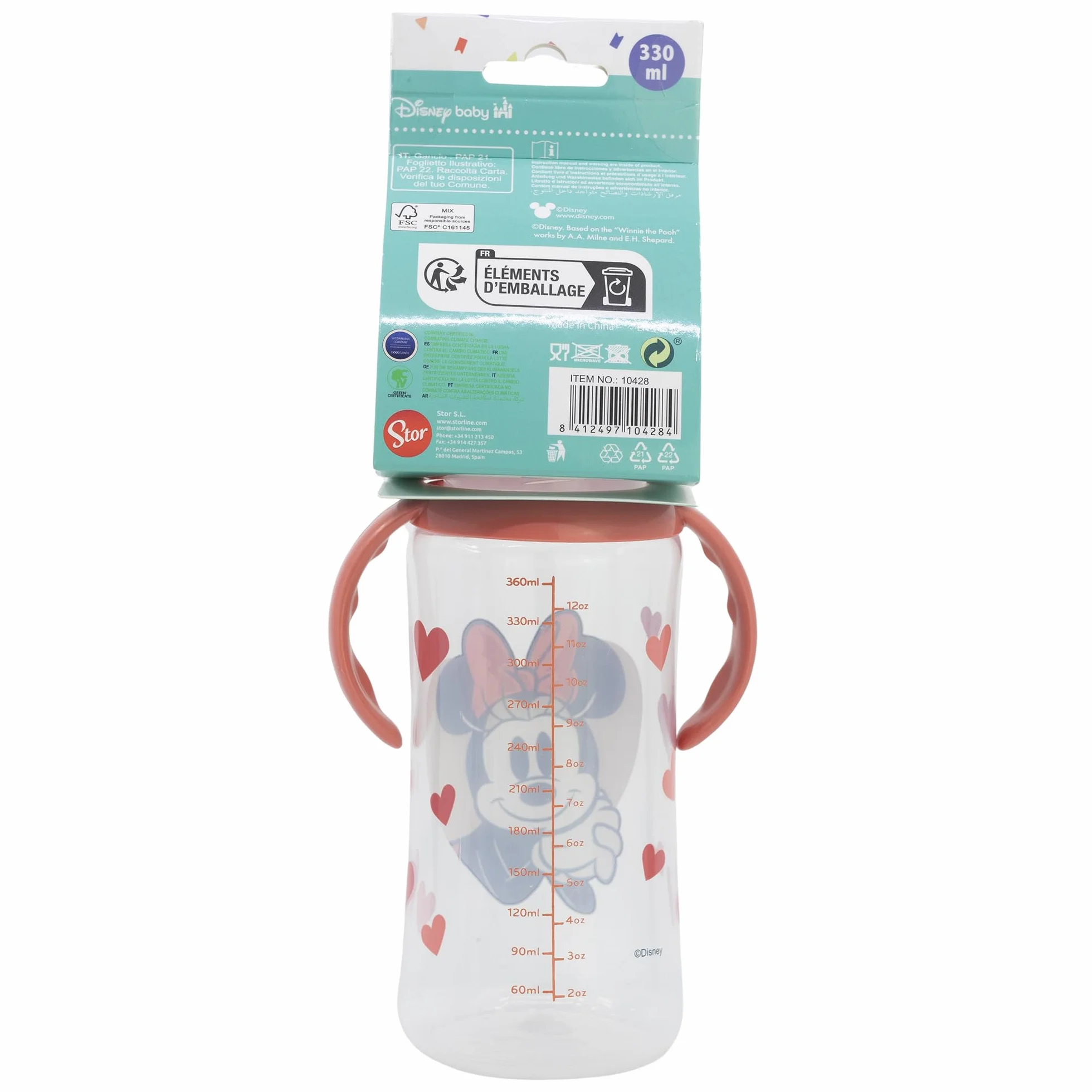 STOR Biberon con Manici Minni 360ml Collo Largo Tettarella Silicone 3 Posizioni Disney Baby Sistema Anti-Coliche Senza BPA 0 Mesi Plus
