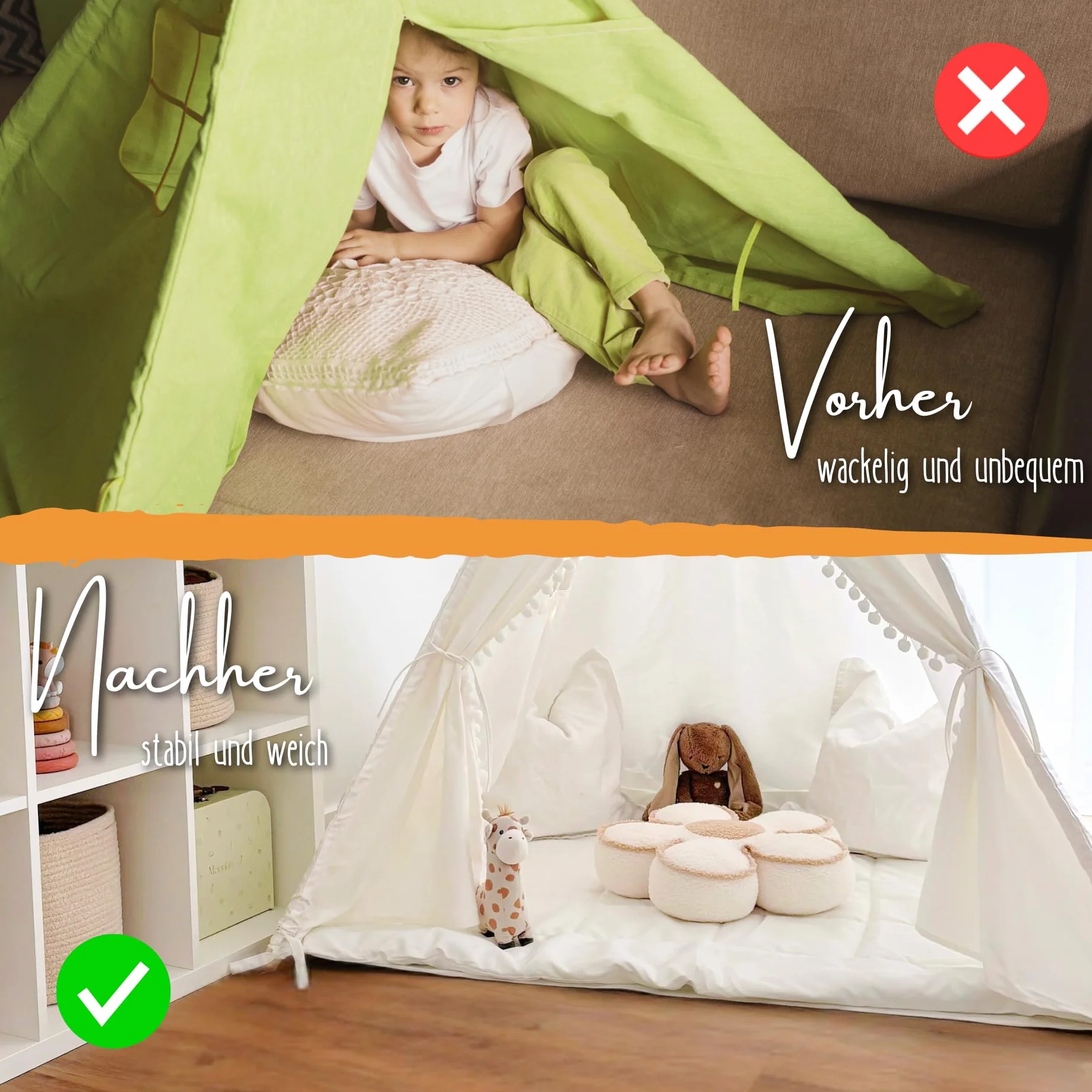 LIONHERZ® Tappetino Tipi con nastri, 120 x 120 cm, coperta imbottita per tenda da gioco/casetta dei giochi, morbida coperta quadrata per bambini, inserto trapuntato/base per legare (bianco brillante)
