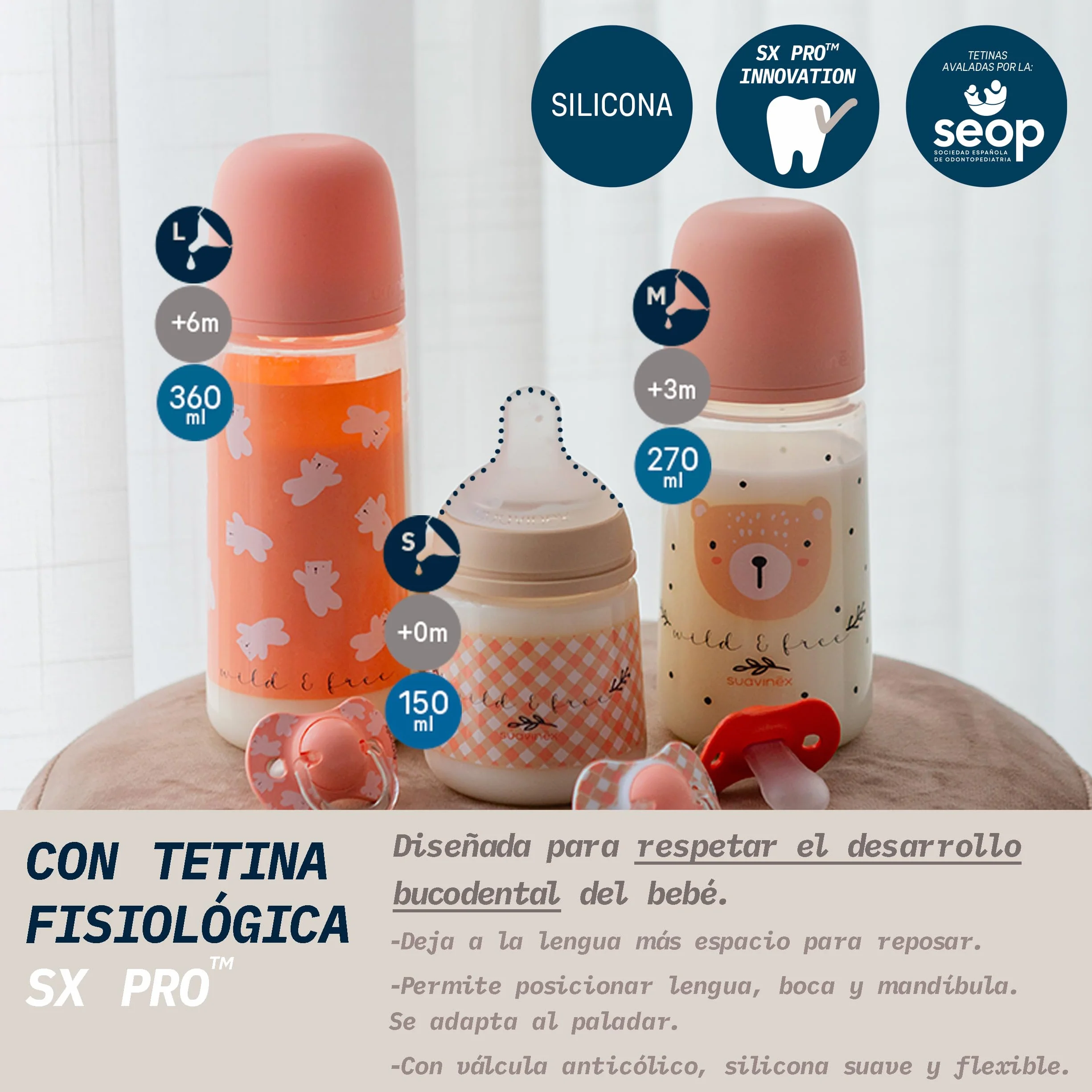 Suavinex, Biberon da 270 ml con Tettarella Fisiologica SX Pro in Silicone con Valvola Anticolica, Flusso Medio (M), per Liquidi a Densità Media, Latte, Succhi o Acqua. Neonati +3 Mesi. Wild&Free Rosa