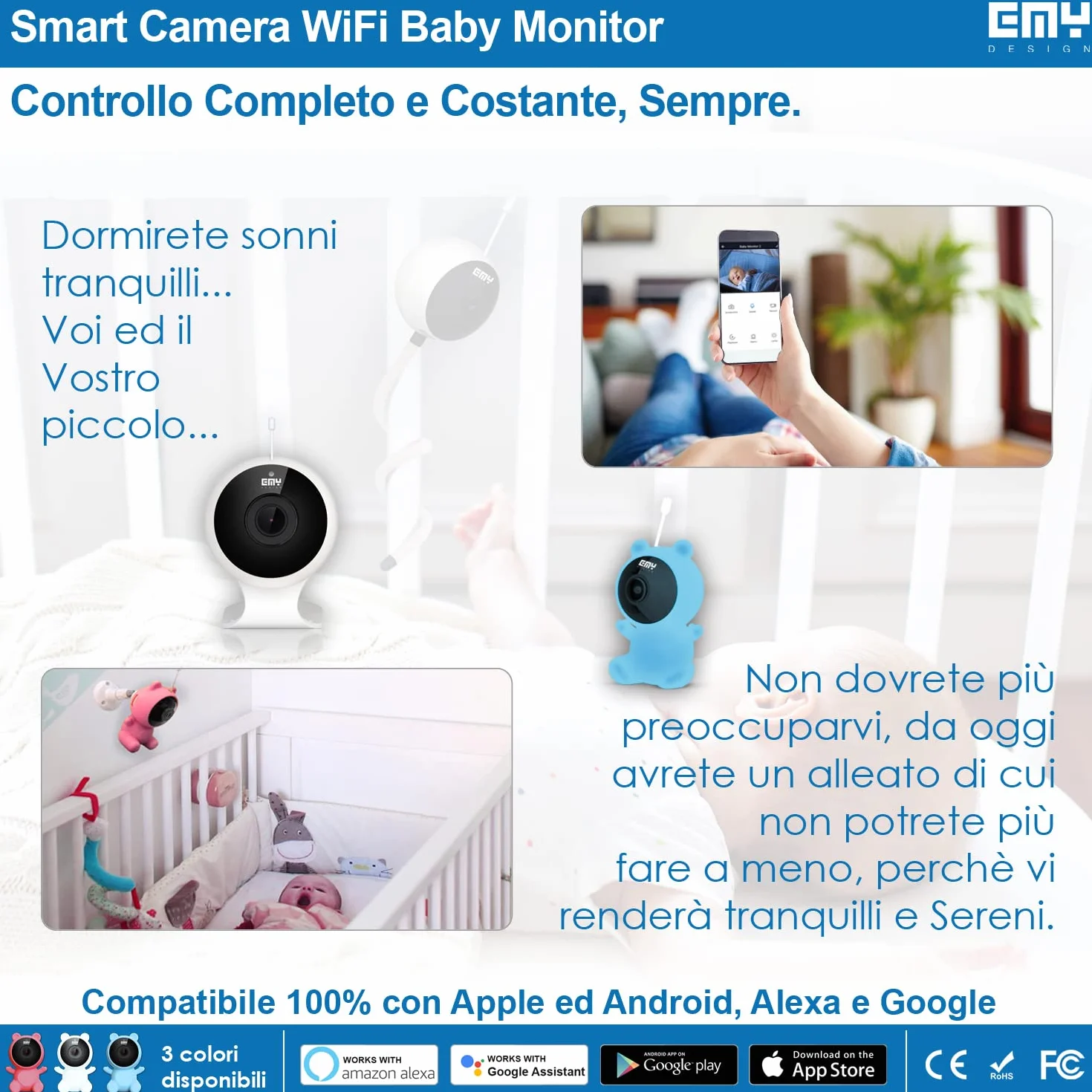 Smart Baby Monitor Video e Audio WIFI, Bianco