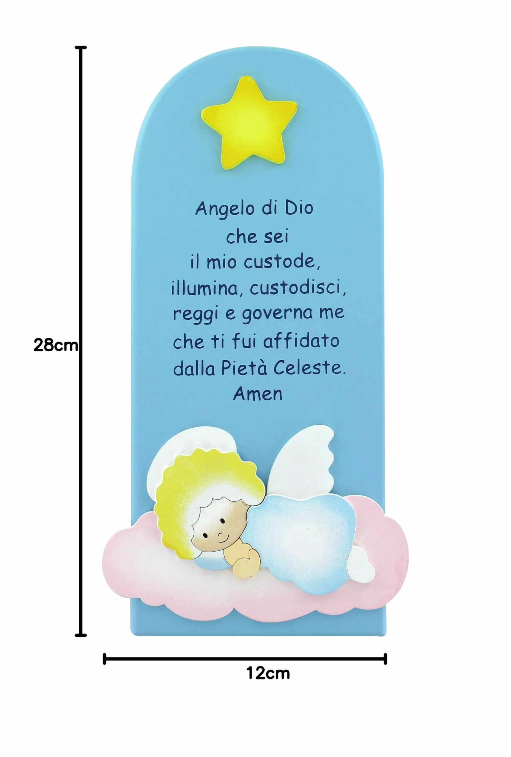 Ferrari & Arrighetti Quadretto per Bimbi, Quadro con Preghiera Angelo di Dio in Legno Colorato Azzurro da Appendere al Muro/Parete, Idea Regalo per Bambini, 28 x 12 Cm