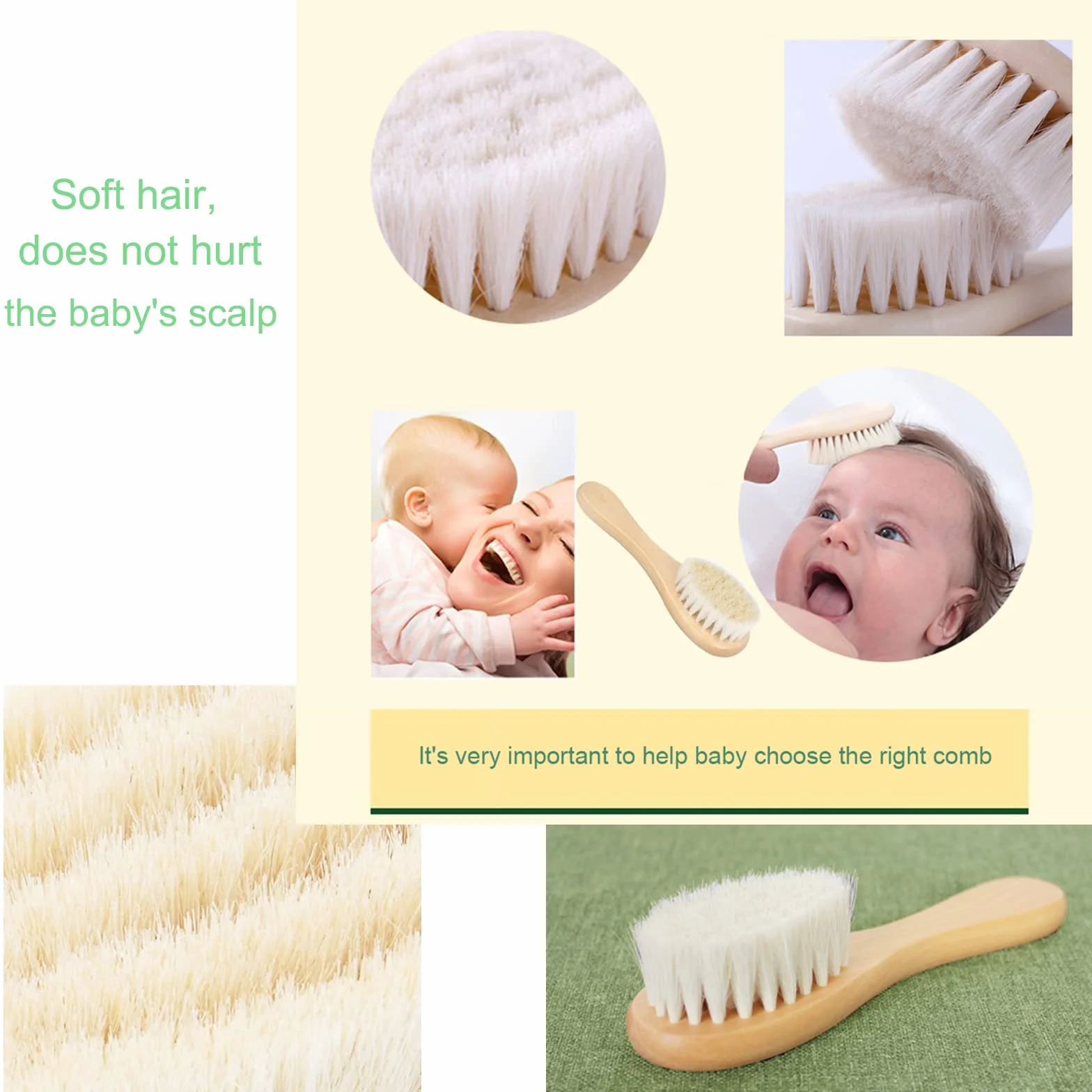 Spazzola per capelli per bambini con manico in legno e setole di capra super morbide per neonati e bambini