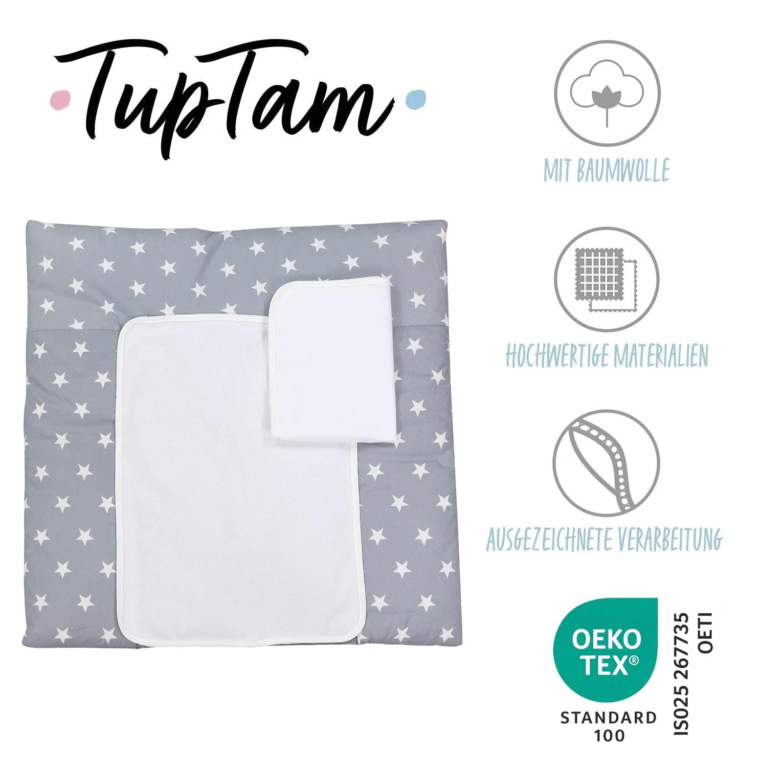 TupTam Materassino Fasciatoio con 2 Coperture in Spugna, Stelle Grigio 2, 75 x 85 cm