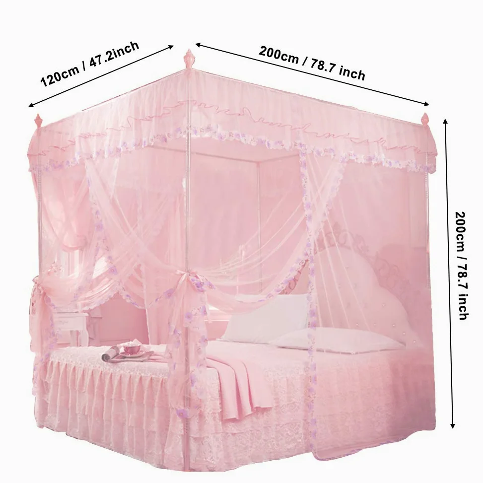EBTOOLS Zanzariera Letto, Zanzariera Baldacchino Pieghevole Universale in Pizzo Principessa per Letto Matrimoniale, 120x200x200cm, Rosa