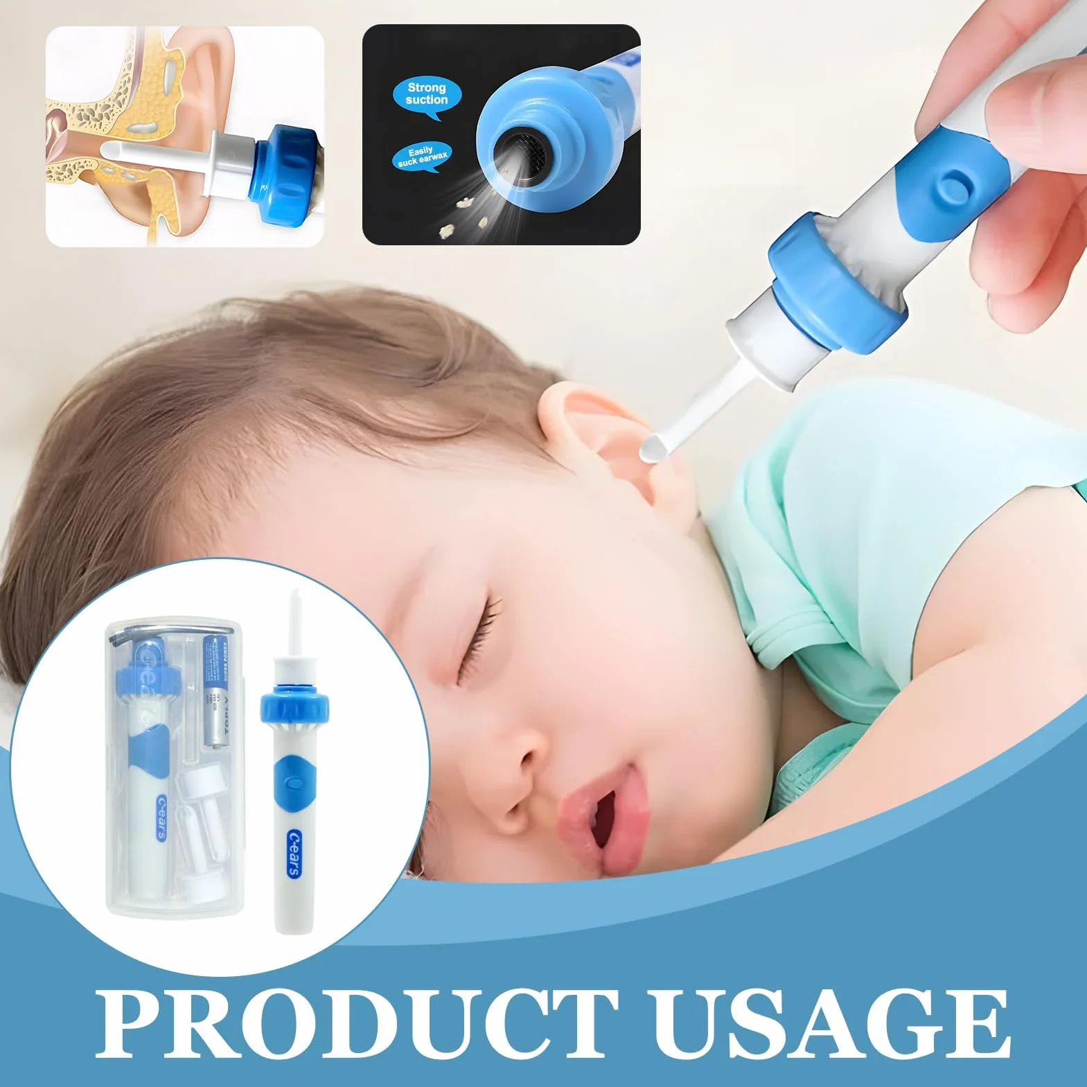 Aspiratore Cerume Orecchie Elettrico con 2 Testine Lavabili, Pulisci Orecchie a Vibrazione e Aspirazione, Pulizia Orecchie Sicura e Delicata per Adulti e Bambini, Aspira Cerume Professionale