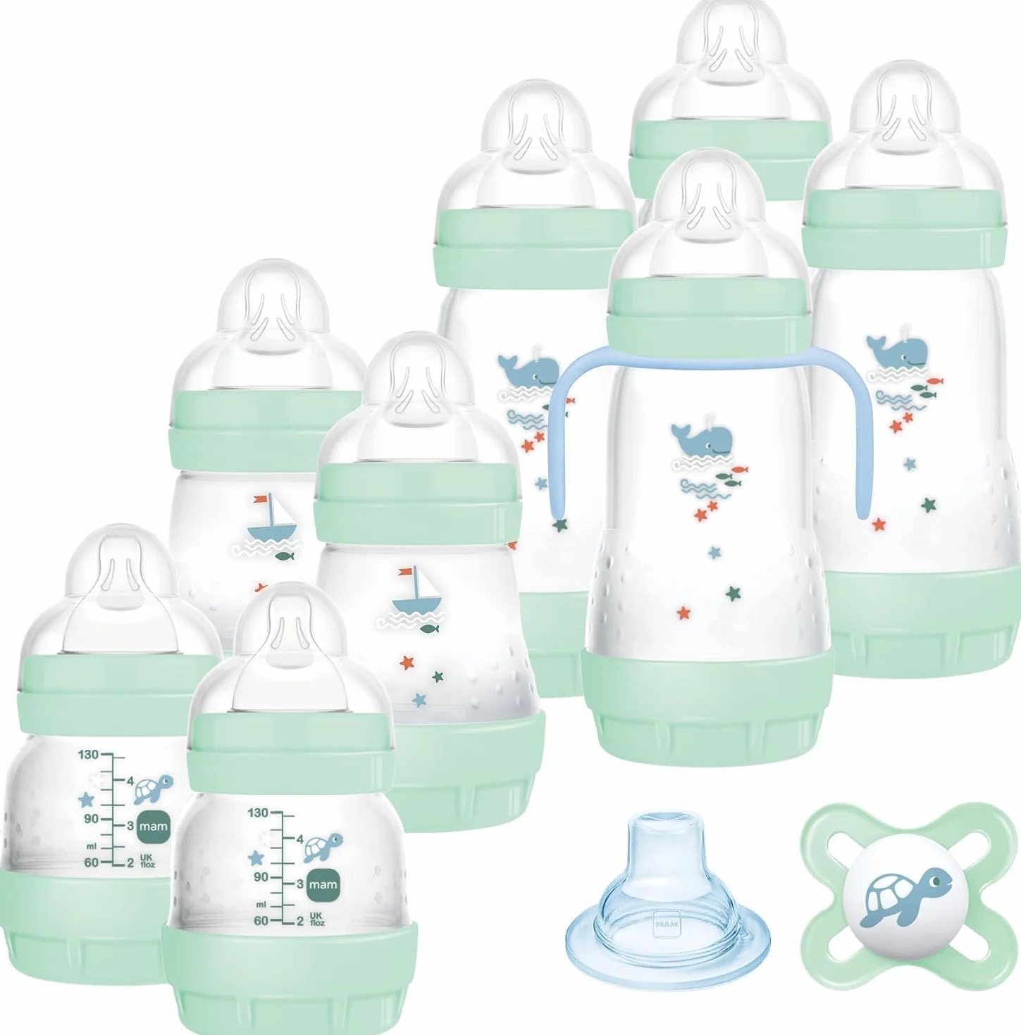 MAM Biberon Set Neonato con 8 biberon anticolica Easy Start, 1 Ciuccio Original Start, 1 Beccuccio extra morbido e 1 Manico, Accessori neonati per ridurre bolle d'aria e il rischio di coliche, Verde