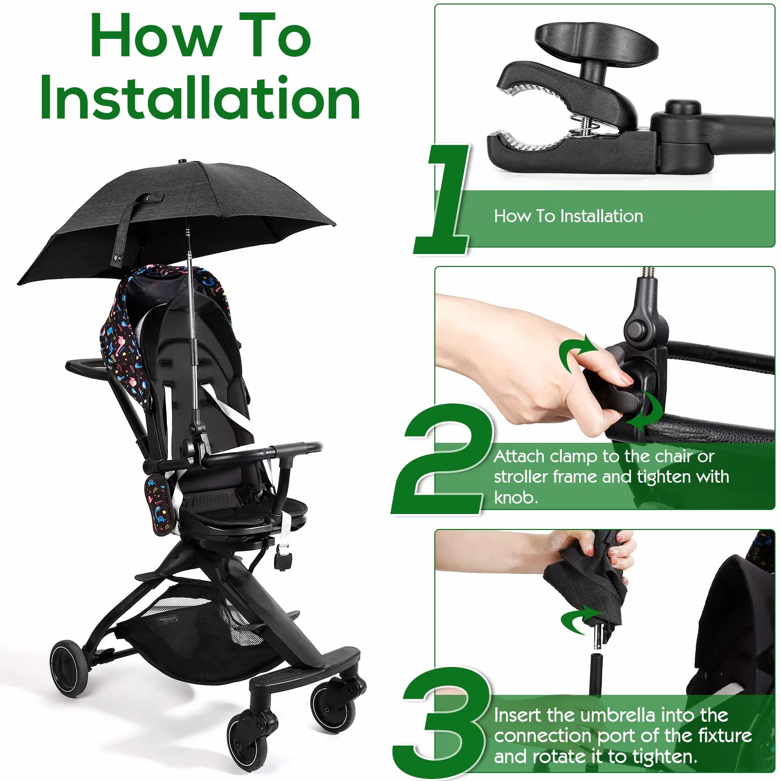 Ombrellino Parasole Universale, Ombrellino per Passeggino e Carrozzina, Protezione Anti UV 50+, Diametro 78 cm, con Supporto Universale, Fissaggio per Tubo Rotondo o Ovale, Nero