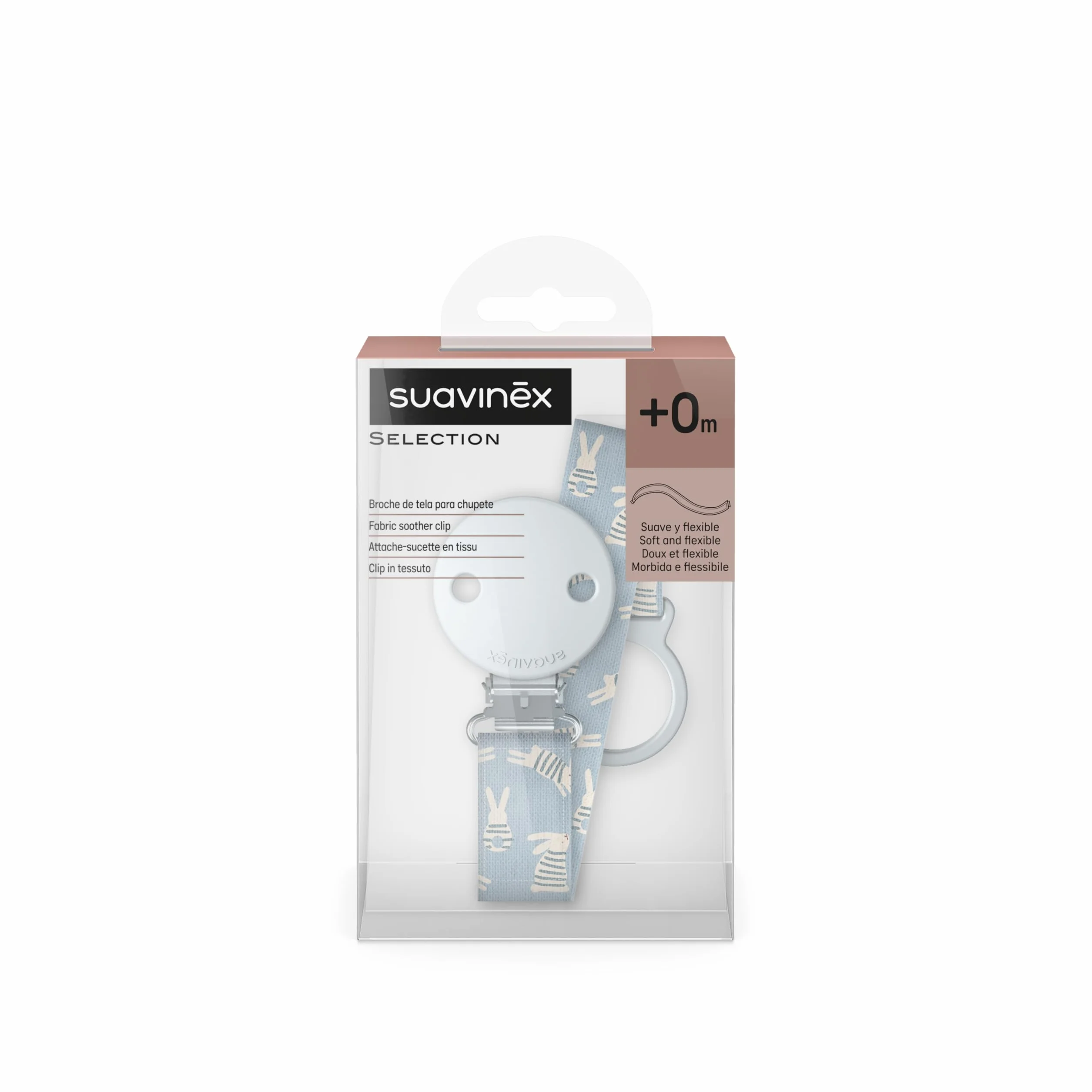 Suavinex, Portaciuccio in tessuto per neonati, Nastro con disegno double-face, Catenella per ciuccio, Clip con fermaglio, per ciucci con anello. +0 mesi, adatto ai neonati, Wonder Coniglietti Blu