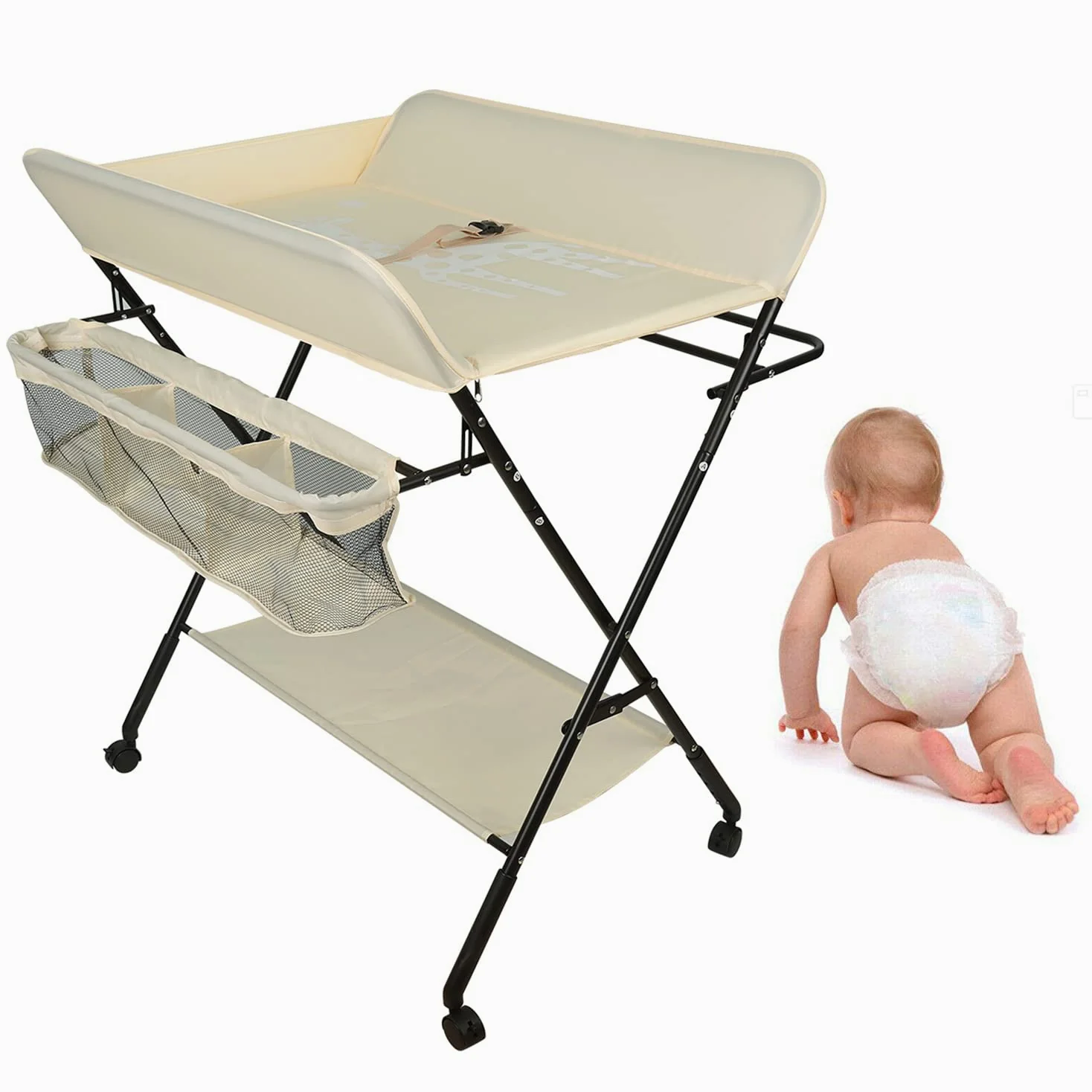 Fasciatoio pieghevole, cassettiera pieghevole per neonato, fasciatoio con ripiani di stoccaggio, ripostiglio+chiusura di sicurezza, motivo giraffa. Beige