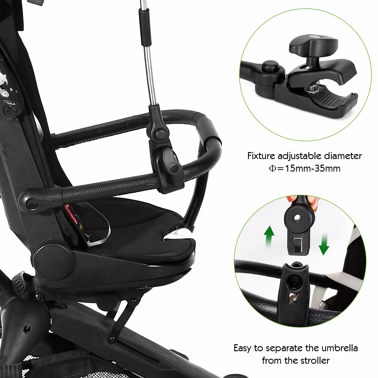 Ombrellino Parasole Universale, Ombrellino per Passeggino e Carrozzina, Protezione Anti UV 50+, Diametro 78 cm, con Supporto Universale, Fissaggio per Tubo Rotondo o Ovale, Nero