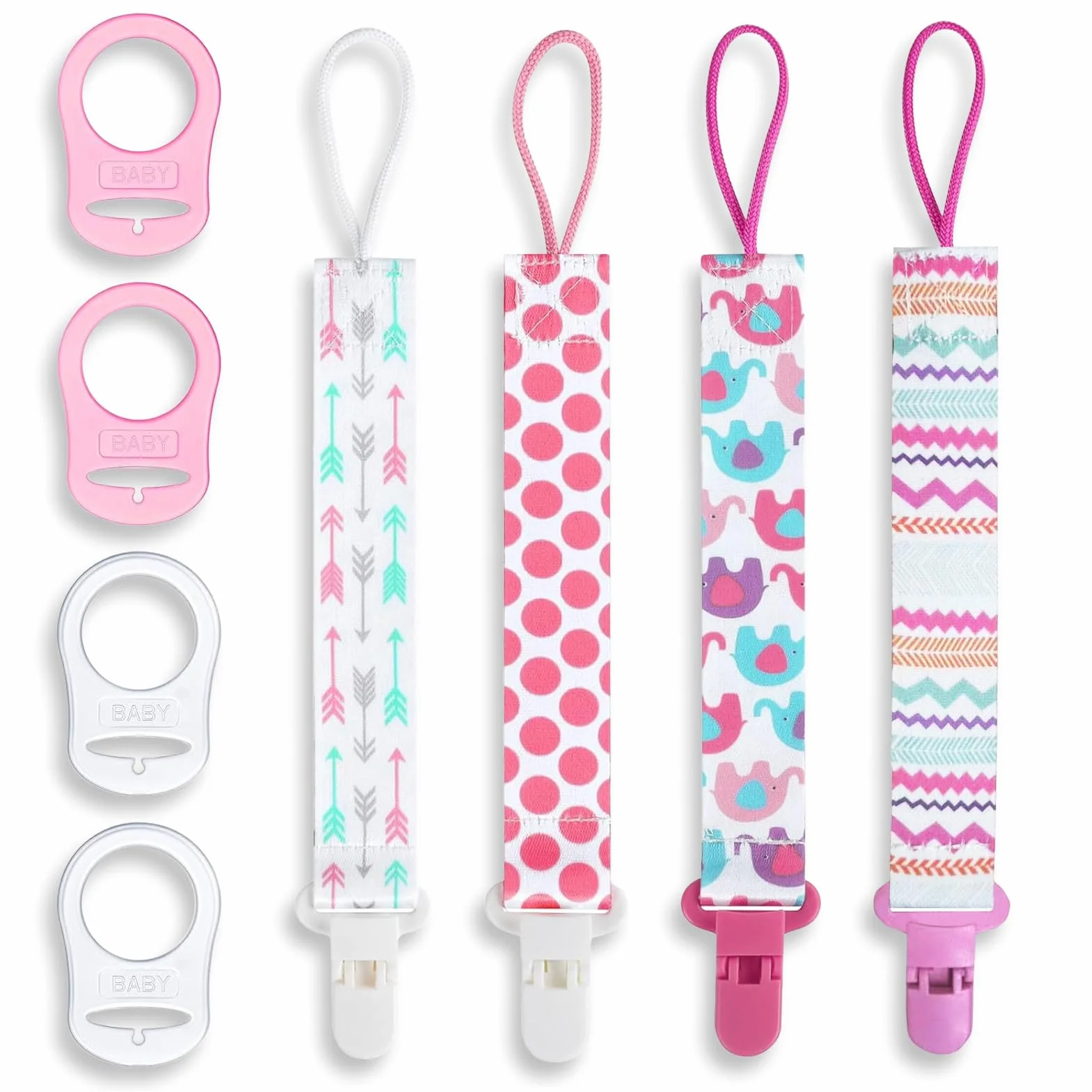4 Pezzi Catenelle per Ciuccio, Tessuto Catenella Ciuccio, Catenella Portaciuccio, Porta Ciuccio Femmina/Maschio, Cordino Ciuccio, con 4 Pezzi Ciuccio Clip Adattatore Adatto per Ciucci Giocattoli