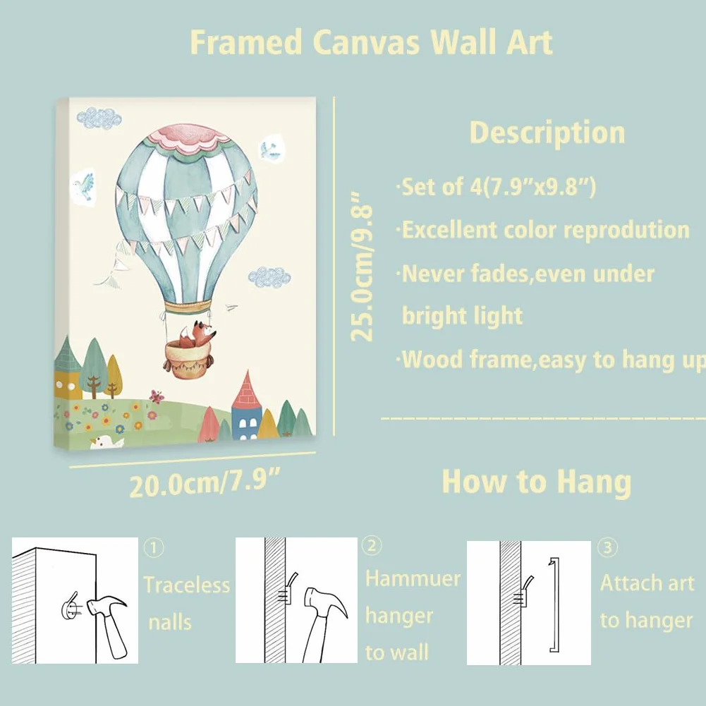 KAIRNE Set di 4 poster con animali, per la cameretta dei bambini, con cornice (20 x 25 cm), con mongolfiera, immagini da parete per la cameretta dei bambini, decorazione per la giungla e gli animali