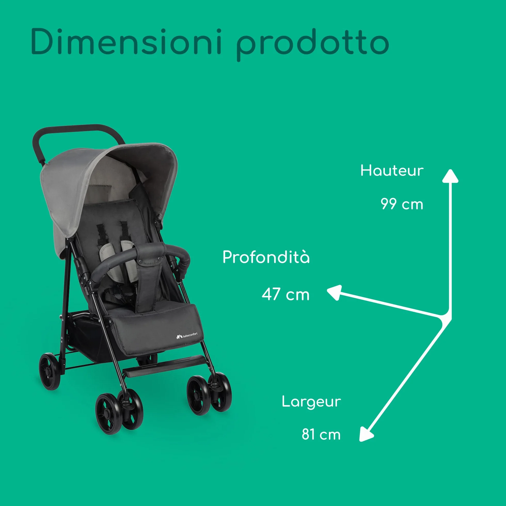 Bebeconfort Foggy, passeggino, da 0 a 3,5 anni, fino a 15 kg, passeggino portatile e leggero, con posizione sdraiata per neonati, compatto quando chiuso, corrimano articolato, Tinted Stone