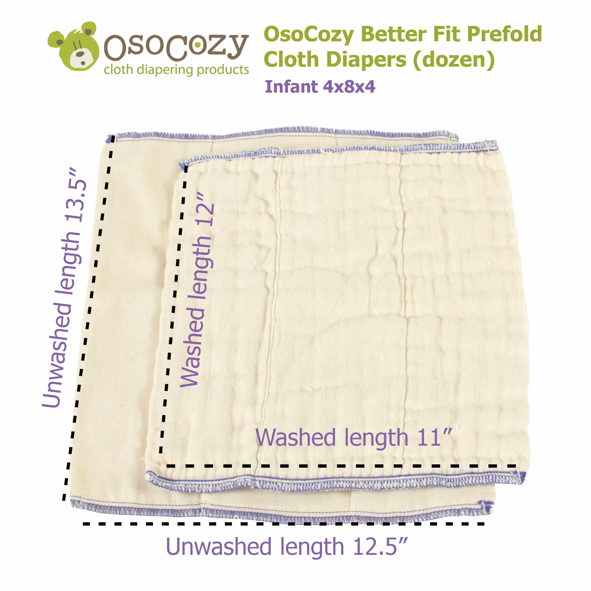 OsoCozy Better Fit - Pannolini in tessuto non sbiancato pre-piegati, 100% cotone, tessuto di garza, taglia per tre strati, taglia 1 (bambino 10 x 20 x 10 cm, adatto a 0,5-7,3 kg) - 1 dozzina