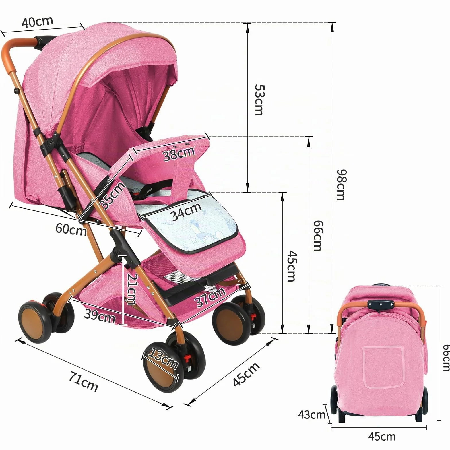 Passeggino Canne leggero e compatto, regolazione dello schienale fino alla posizione sdraiata, 45x71x98 cm, seduto/sdraio/spingere/tirare, zanzariera in cotone rosa