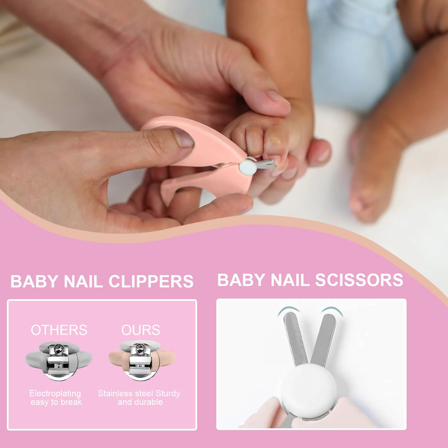 Set Manicure e Pedicure per Neonato, Kit Igiene e Cura Bambini 6 Pezzi, Cortaunghie con Spazzola e Pettine per Neo Genitori (Rosa)