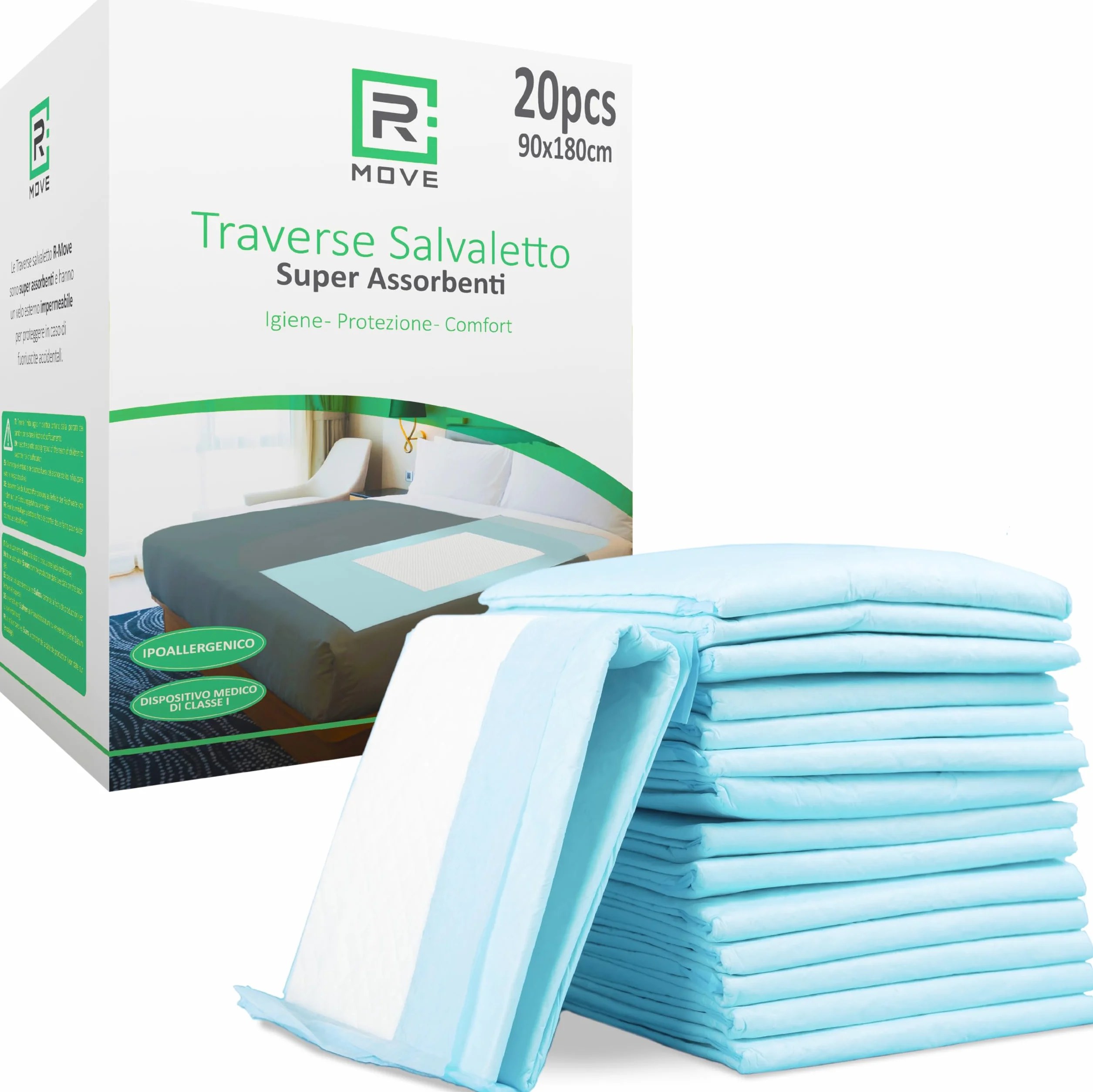 R MOVE 20 Traverse Assorbenti Rimboccabili Monouso per Letto, 90x180 cm, parte centrale assorbente 80 x 51,5cm. Traversine Letto Anziani, traversa salvaletto (90x180cm (Confezione da 20))