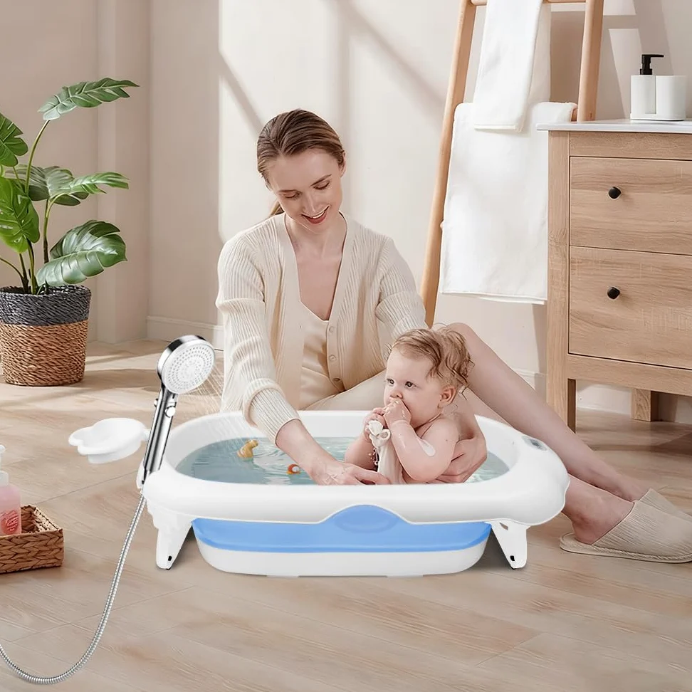 Vasca da bagno pieghevole con cuscino di supporto per il bagno, con cuffia da bagno impermeabile, supporto, termometro, pieghevole compatto e facile da pulire