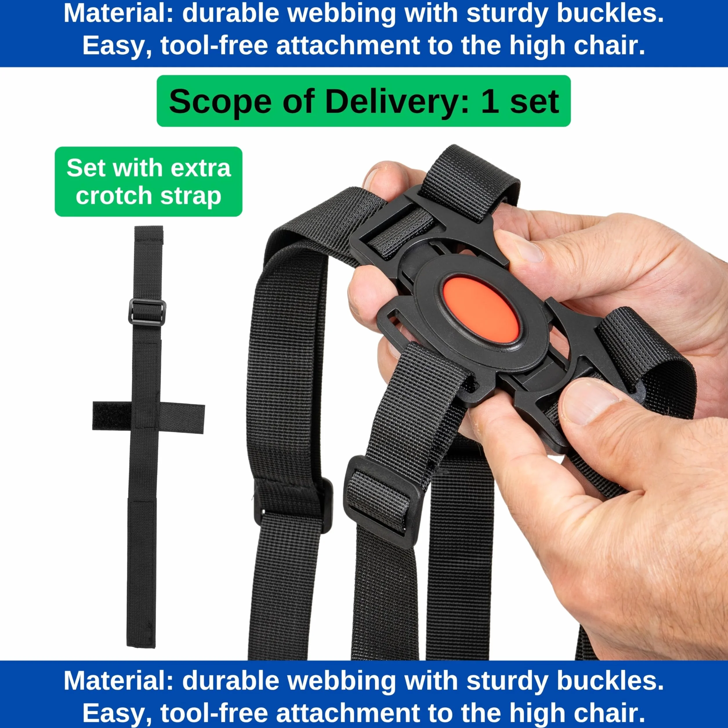 Sistema di imbracatura a 5 punti per seggiolone, 1 set, compatibile con Hauck Alpha Beta, Stokke Tripp Trapp, Roba e molti altri, in nero, con cinghia inguinale