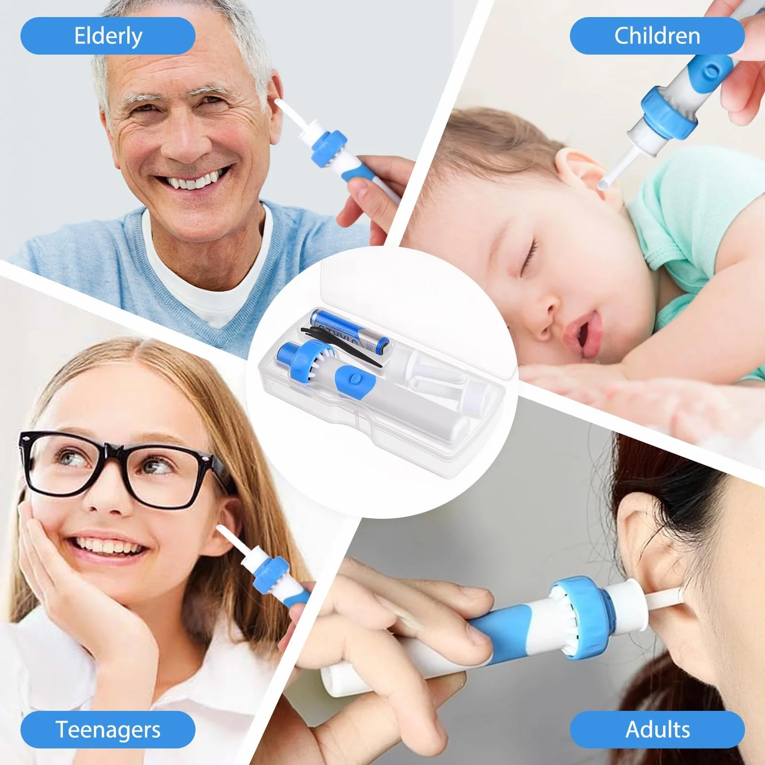 Yuio Pulisci Orecchie Elettrico, Aspiratore Cerume Orecchie Con 2 Teste di Ricambio in Silicone e una batteria, Pulizia orecchie, Rimuovi Cerume Orecchie per Adulti Bambini Anziani
