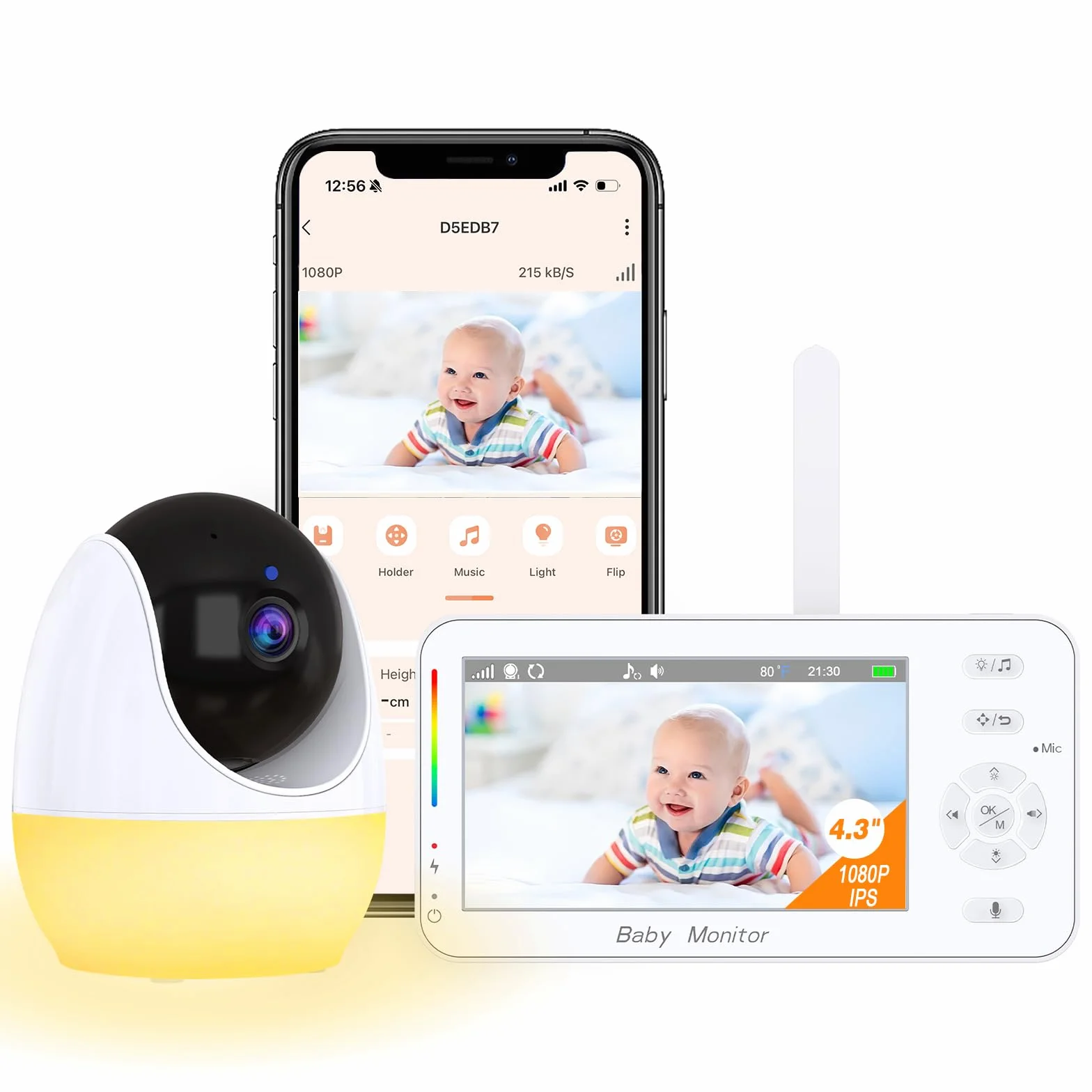 Babyphone con fotocamera e app, monitor da 4,3" con zoom, visione notturna, pianto/movimento/rilevazione del rumore/ninna