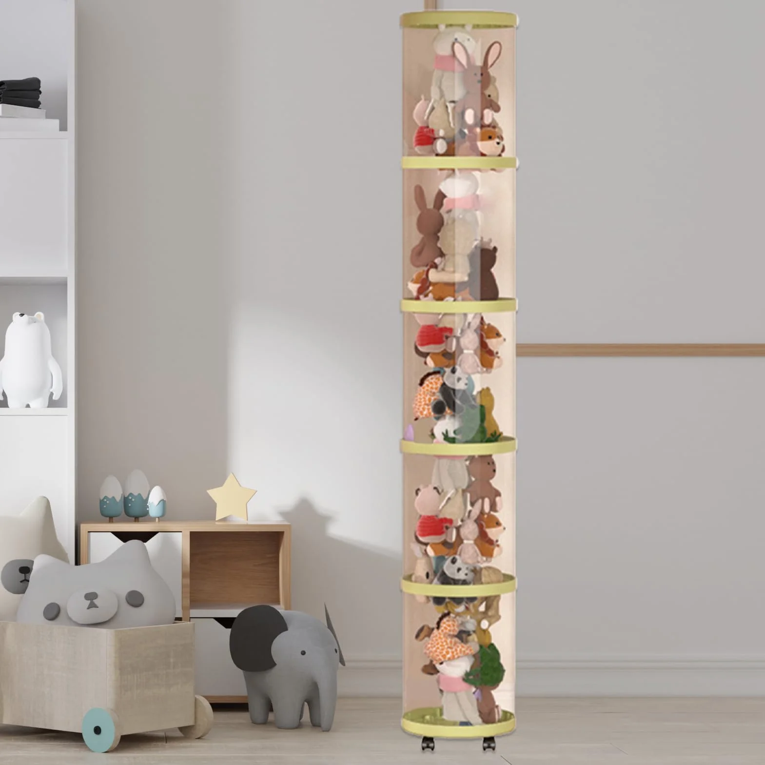 Contenitore a tubo per animali di peluche, trasparente, con design a cestino, supporto estetico per asilo nido, armadio, camera da letto, sala giochi o organizzazione domestica, espositore per