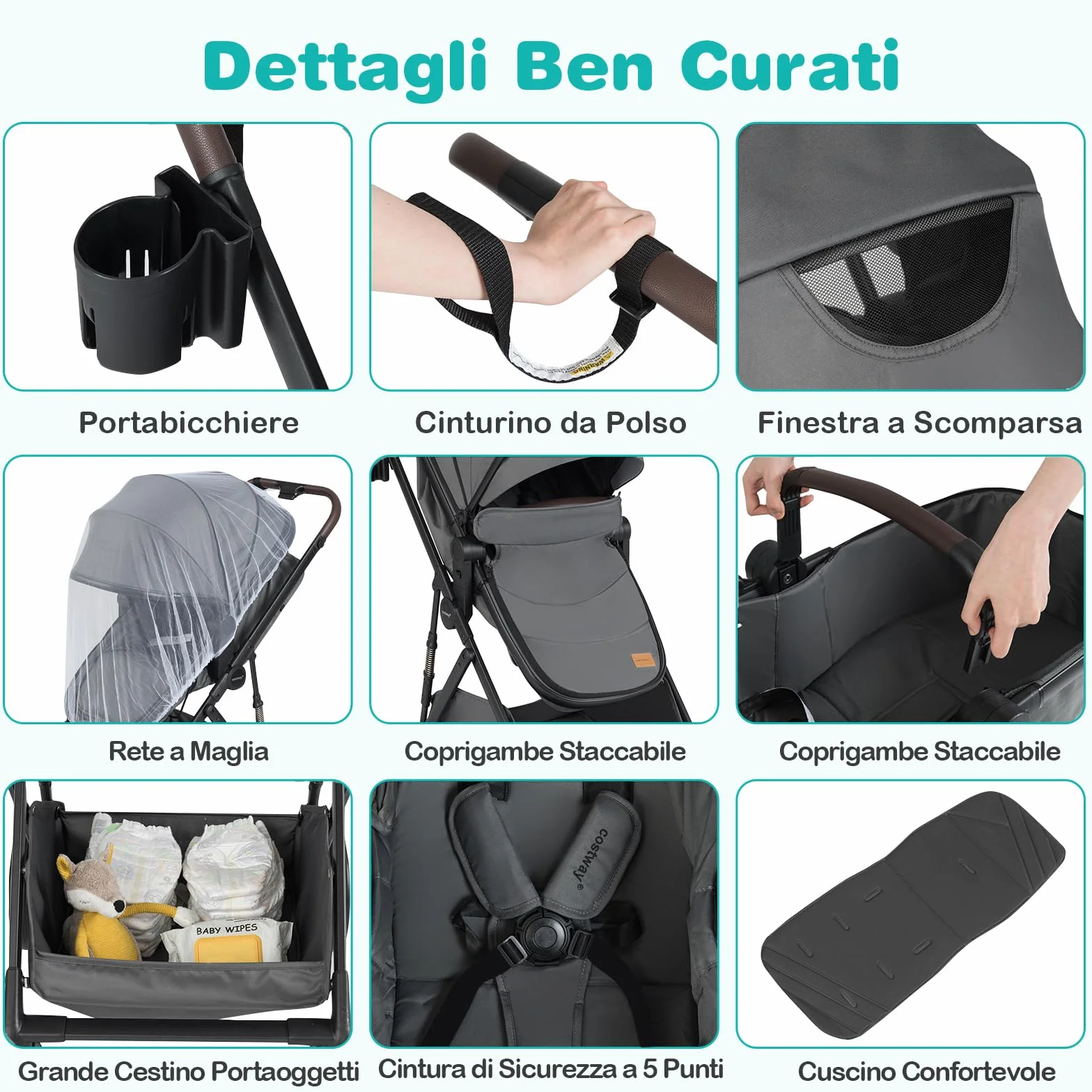 COSTWAY 2 in 1 Passeggino Leggero Pieghevole per Bambini, con Schienale Regolabile, Sedile Reversibile, Tettuccio, Cestello Portaoeggetti, per Neonati per 0-36 Mesi (Grigio)