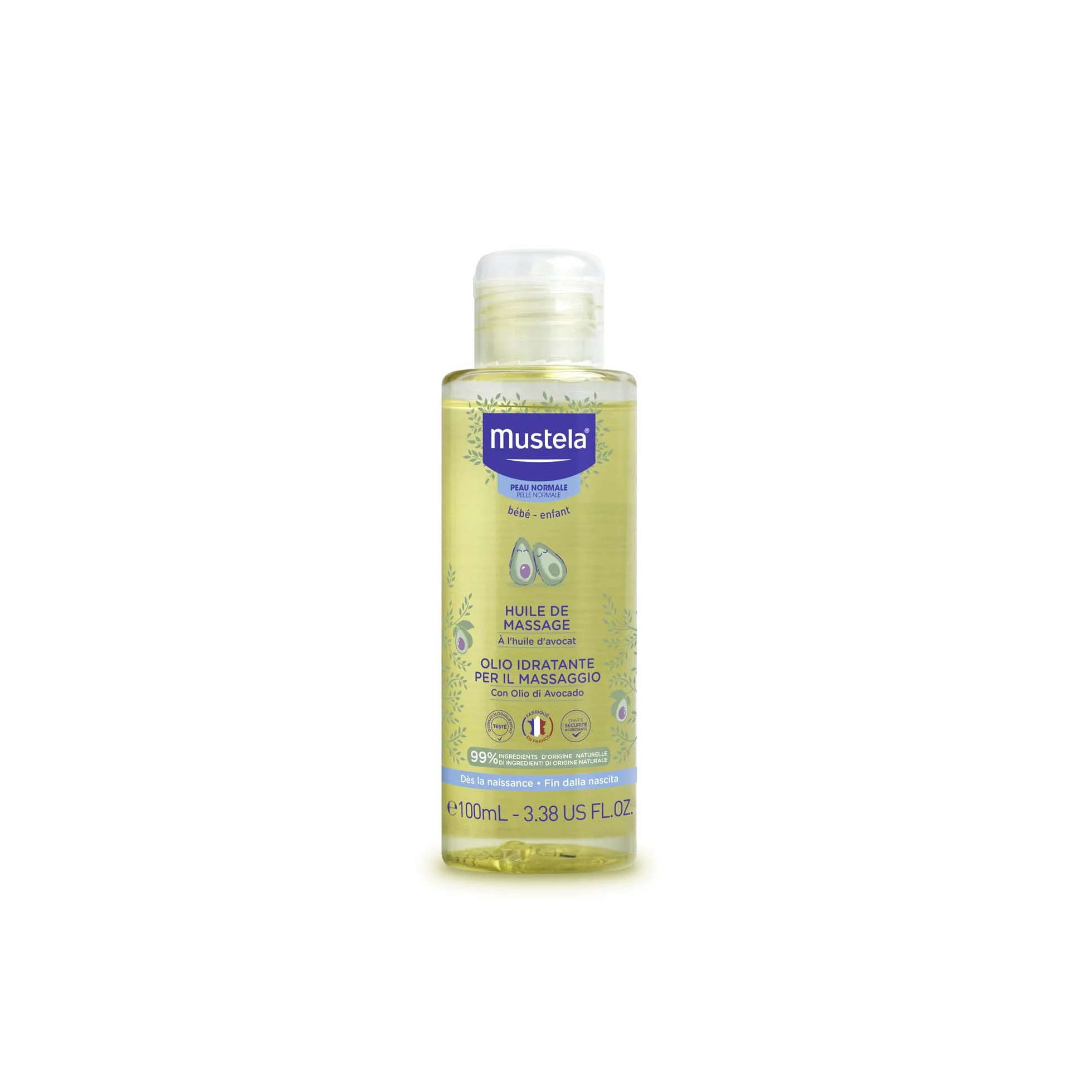 Mustela Olio Idratante per il Massaggio Neonatale con Avocado, Melograno, Girasole, Corpo Neonati e Tutta la Famiglia - Idrata e Mantiene la Pelle Morbida, 99% Ingredienti di Origine Naturale (100ml)