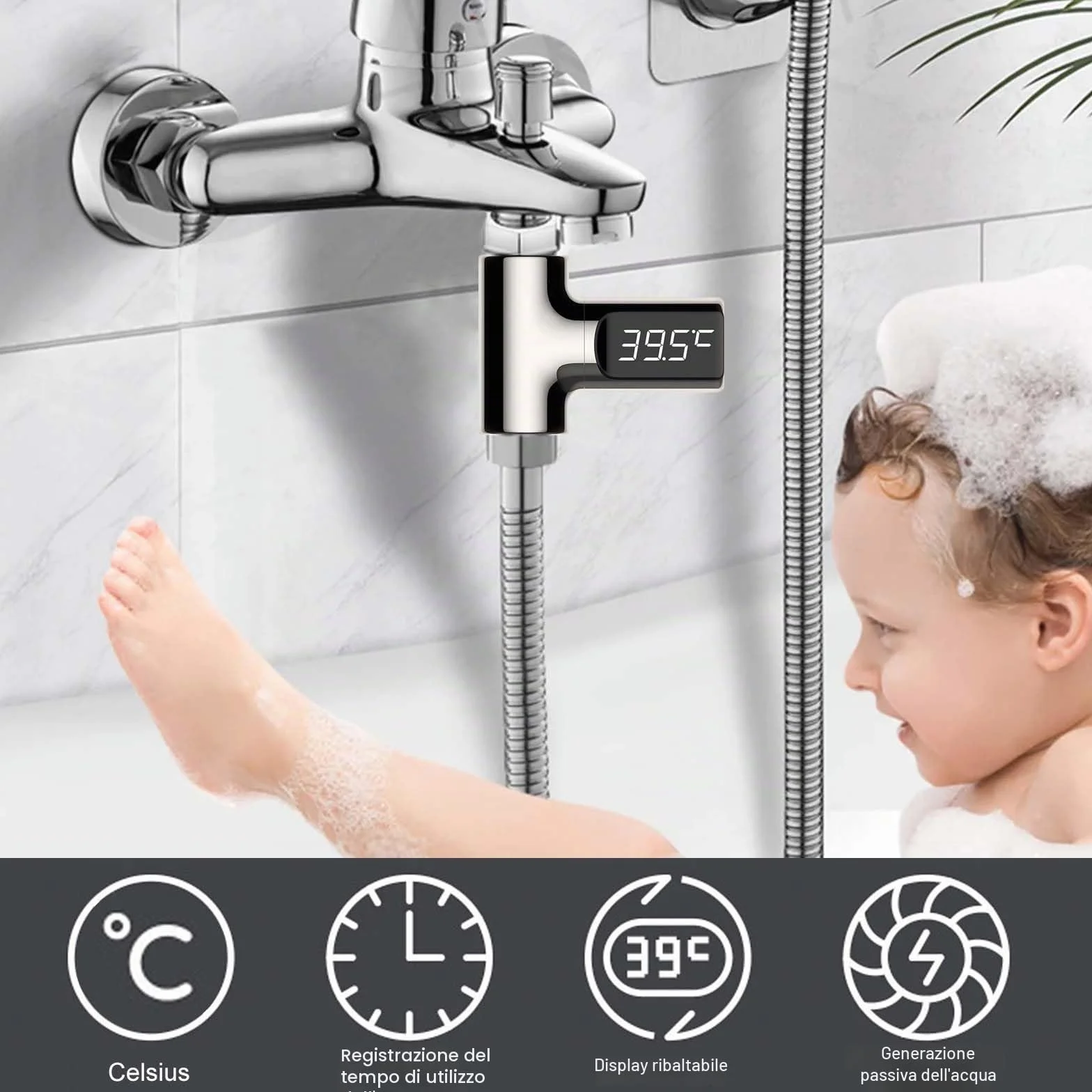 Molbory Termometro da bagno digitale a LED, 5 – 85 ℃, in tempo reale, flusso d'acqua con schermo girevole a 360°, termometro per acqua per bambini, termometro per doccia