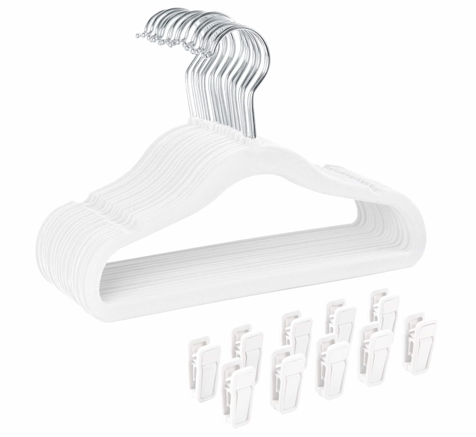 Finnhomy, Confezione da 30 grucce vellutate antiscivolo per vestiti di neonati e bambini, con 10 clip, bianco