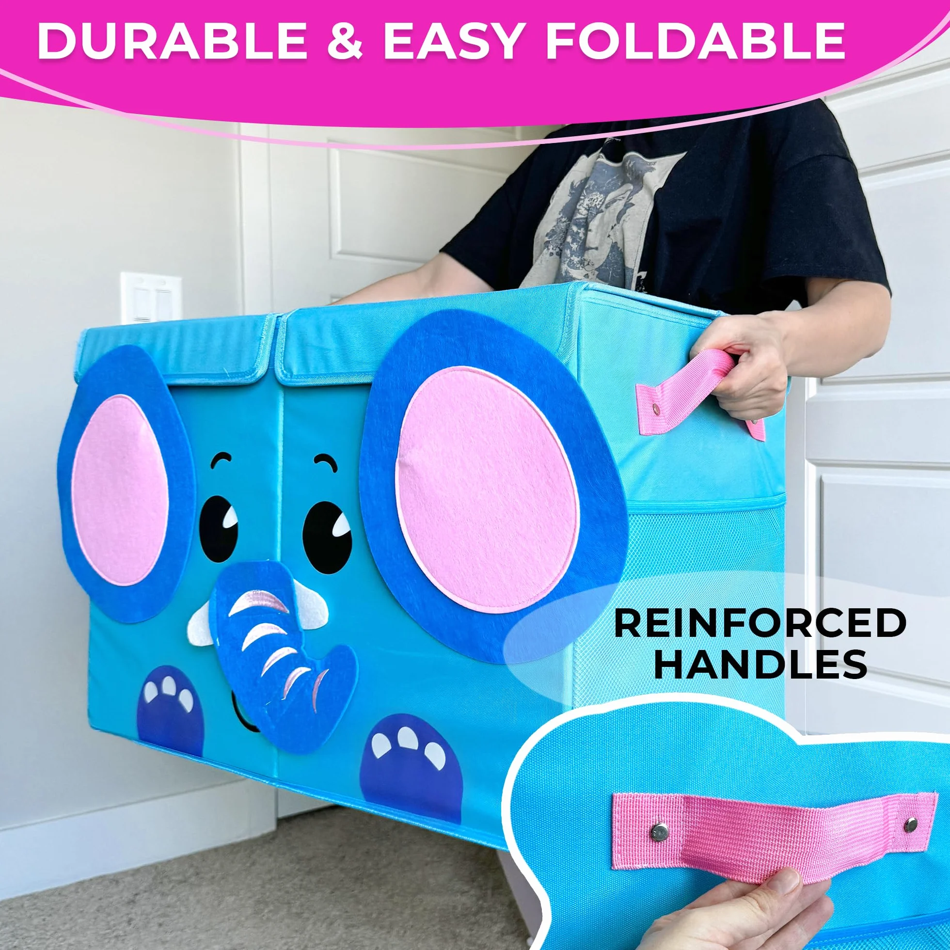 QUOKKA Katabird Toy Storage Box for Boys and Girls - Organizador de juguetes para niños (16 x 12 x 8 cm, plegable, asas, tapa abatible), diseño plegable (Elefante, Grande)