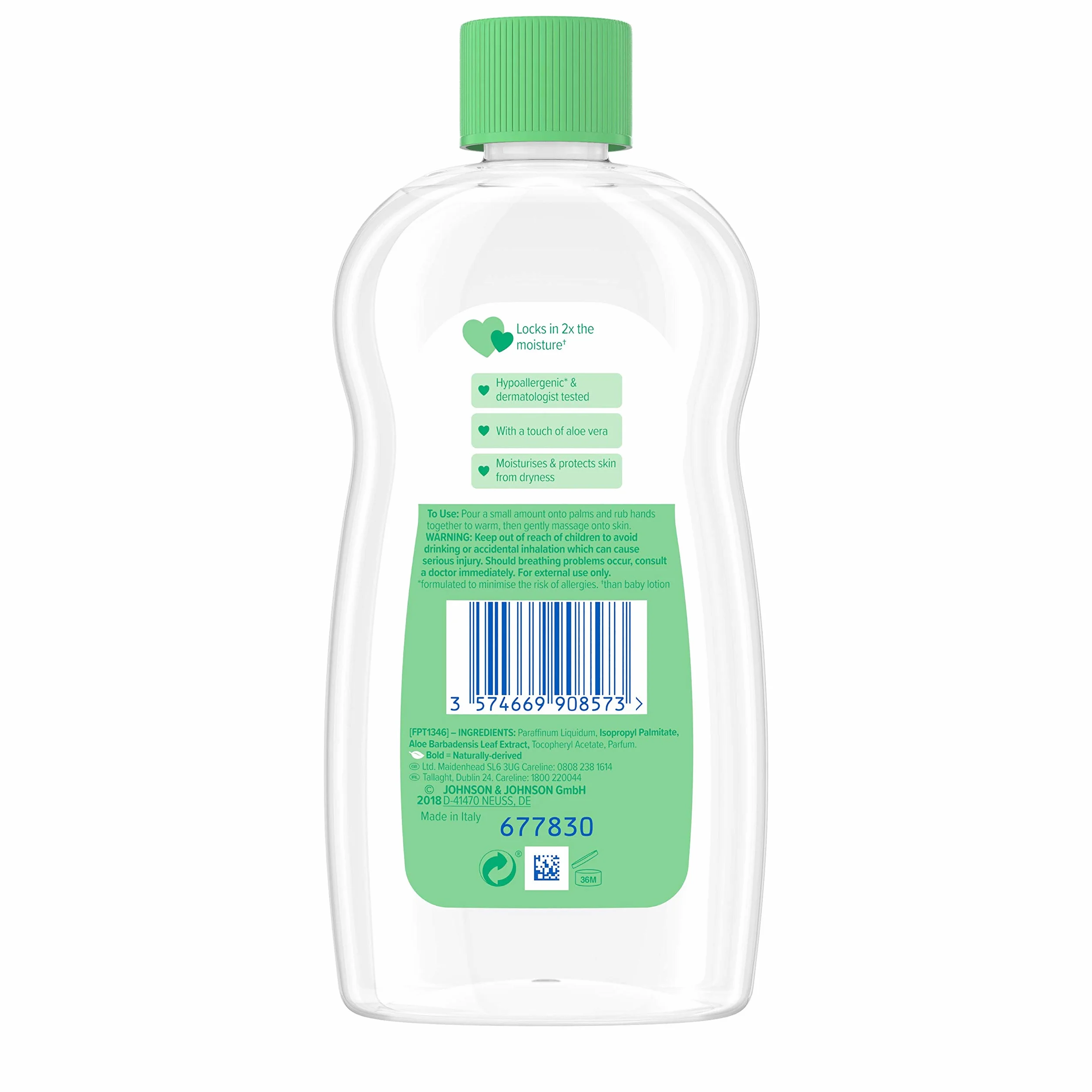 Johnson's Aloe Vera Baby Oil 300ml - Lascia la pelle morbida e liscia - Ideale per pelli delicate