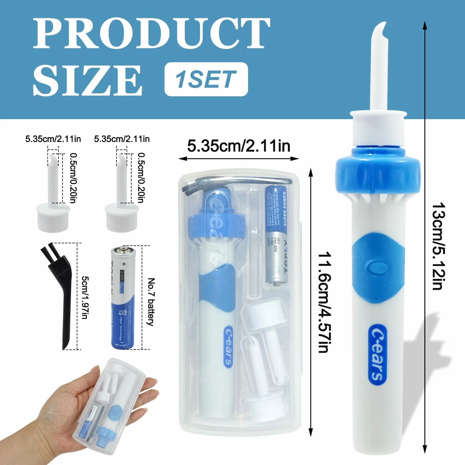 Aspiratore Cerume Orecchie Elettrico con 2 Testine Lavabili, Pulisci Orecchie a Vibrazione e Aspirazione, Pulizia Orecchie Sicura e Delicata per Adulti e Bambini, Aspira Cerume Professionale