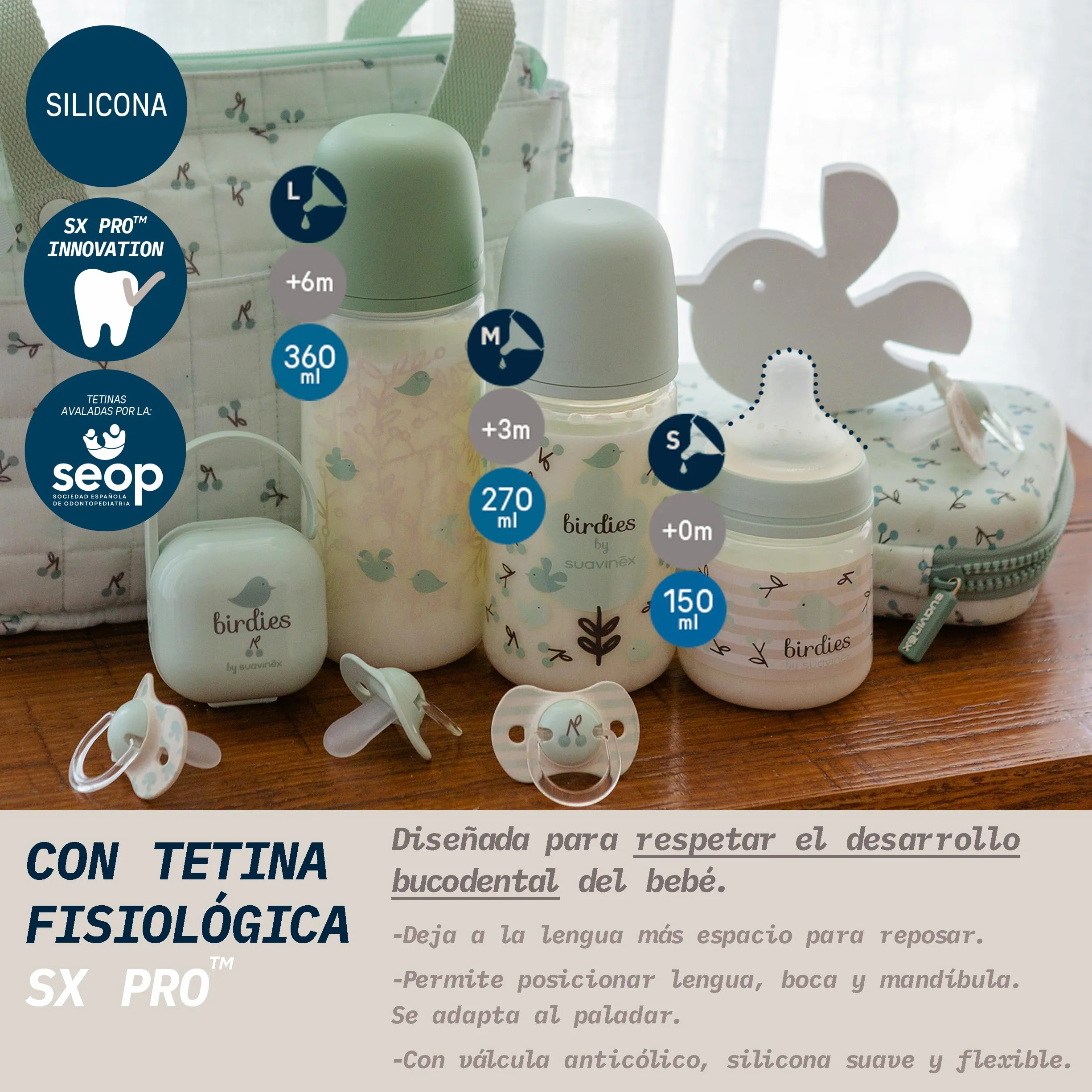 Suavinex, Confezione 2 Biberon da 270 ml, Tettarella Simmetrica SX Pro in Silicone con Valvola Anticolica, Flusso Medio, Liquido Densità Media, Latte, Succhi, Acqua. ​+3 Mesi.Birdies, Wild&Free, Blu