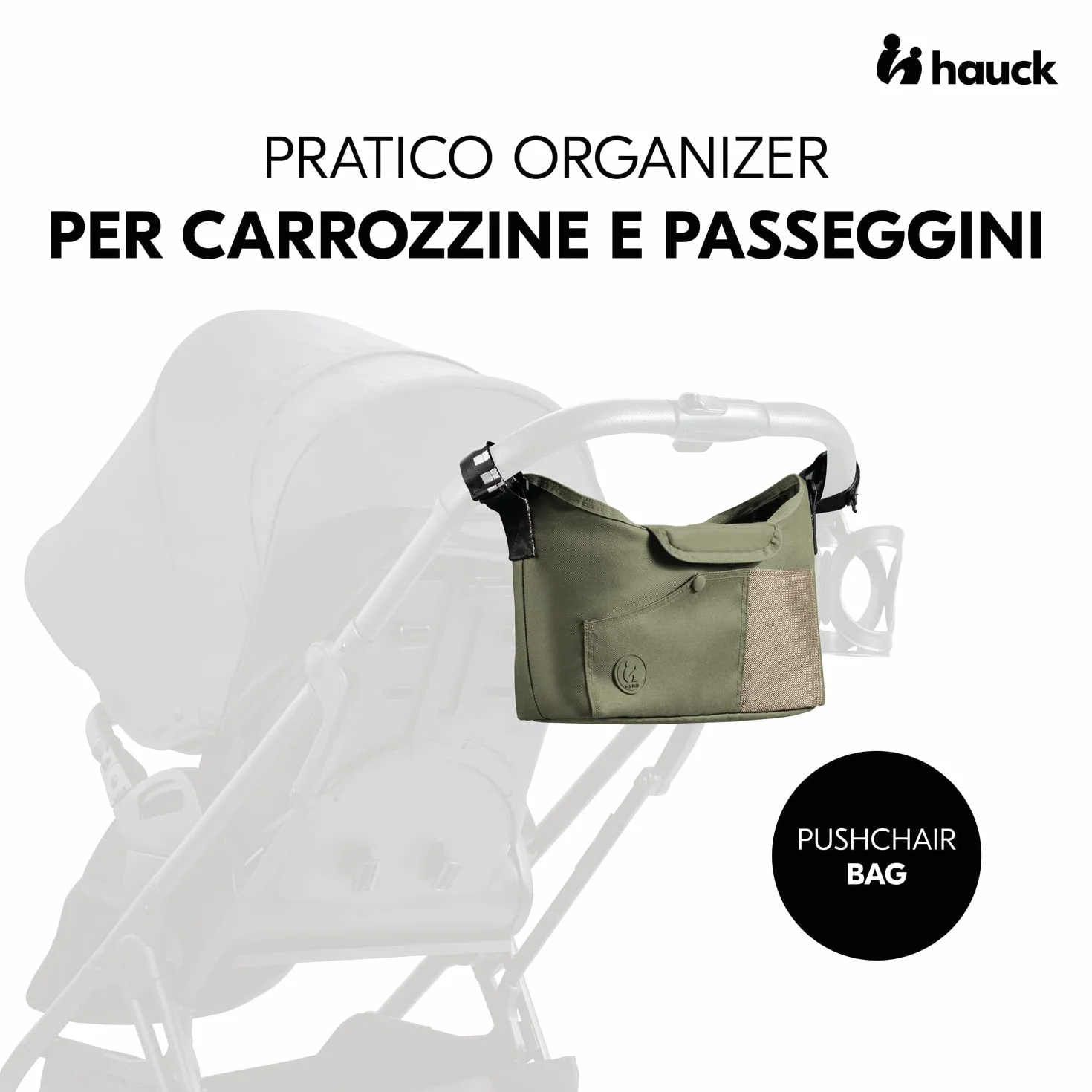 hauck Borsa Passeggino e Carrozzina, Verde Oliva - 35 x 10 x 22 cm - Borsone Portaoggetti con Portabibite di Facile Presa e Tasca in Rete - Chiusura a Strappo per Fissaggio al Manubrio