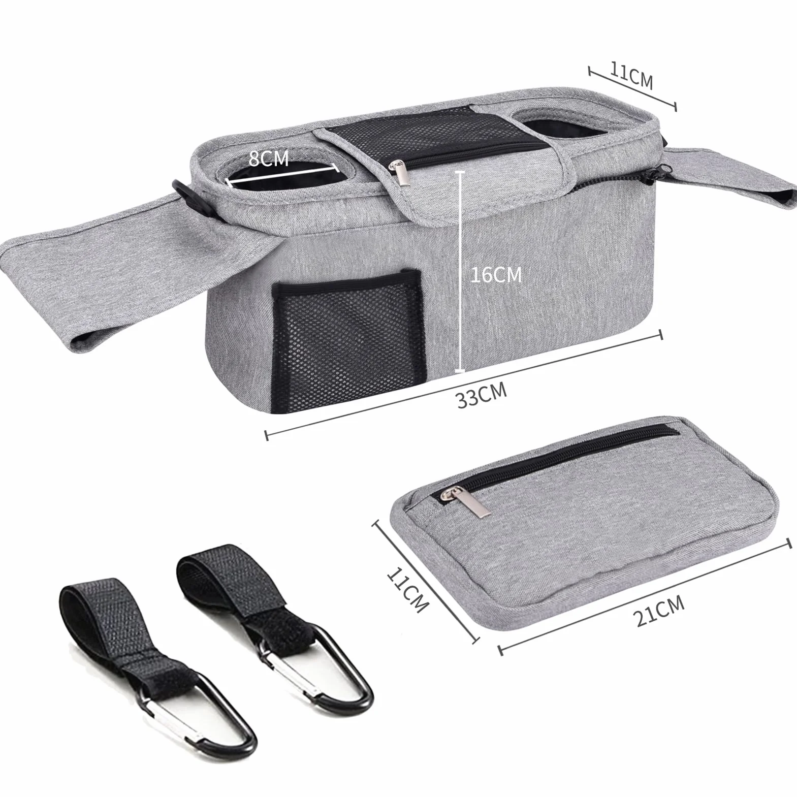 Bebamour Organizzatore per passeggino e ganci per passeggino 2PCS Borsa per carrozzina Organizzatore per passeggino Borsa di stoccaggio con tasca staccabile Tasca per cellulare Organizzatore,Grey