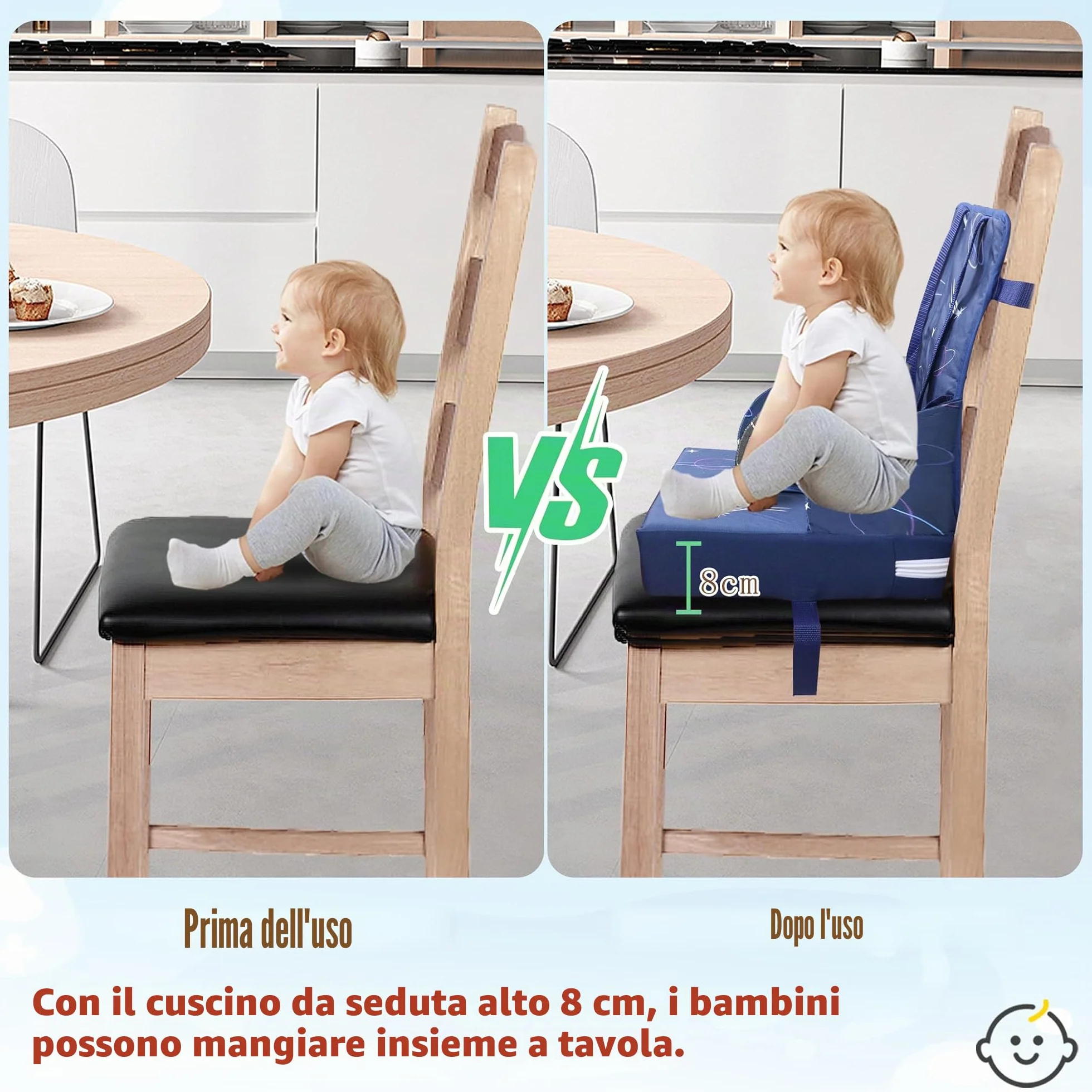 NAIZY Seggiolone rialzo per bambini, con schienale pieghevole e cintura di sicurezza a tre punti, spugne per rialzo della sedia, colore blu