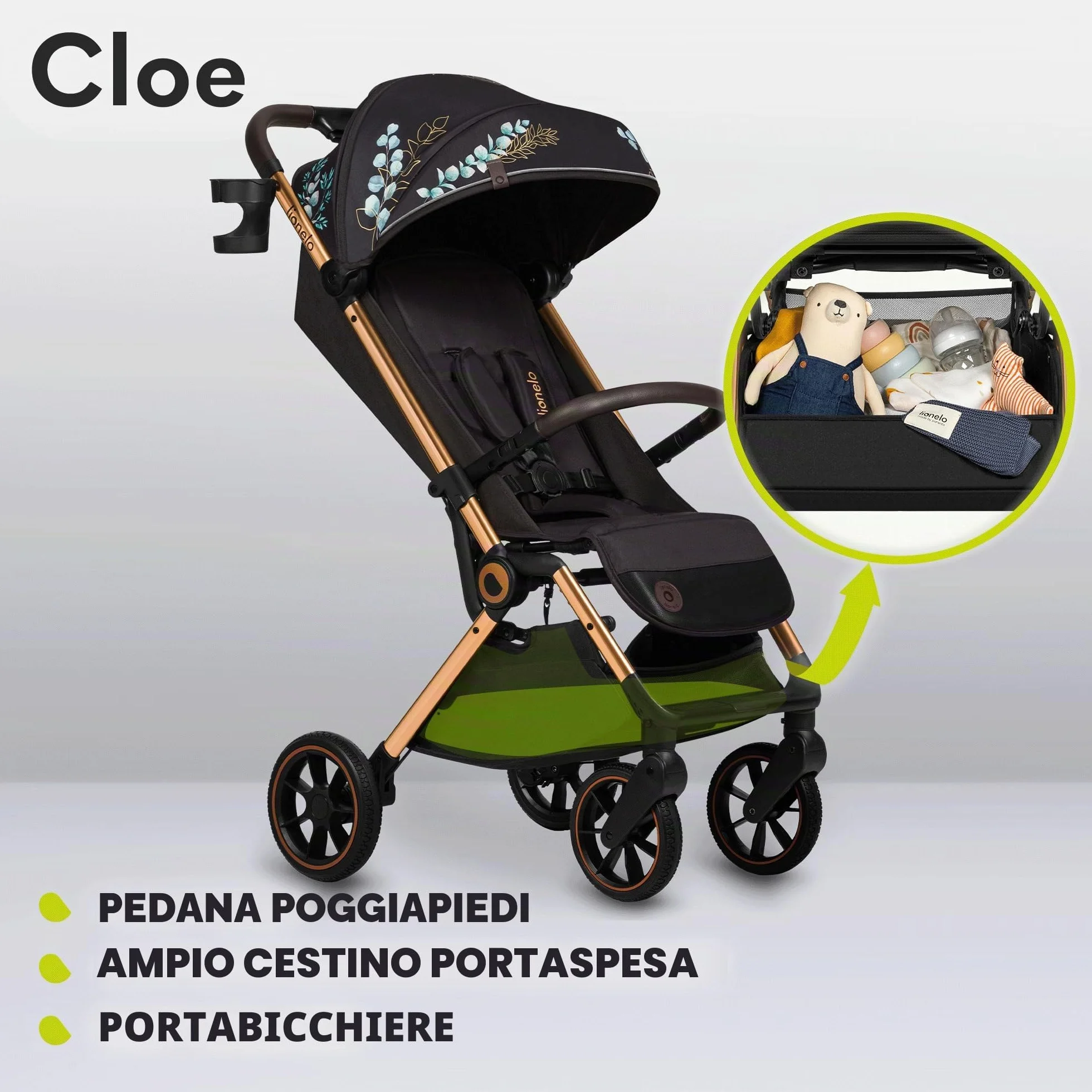 LIONELO Cloe Passeggino leggero e pieghevole per bambini da 0 fino a 22kg Schienale regolabile Posizione nanna Impermeabile, Cinture a 5 punti, Ruote XXL, Zanzariera, Portabicchieri (Momenti d'oro)