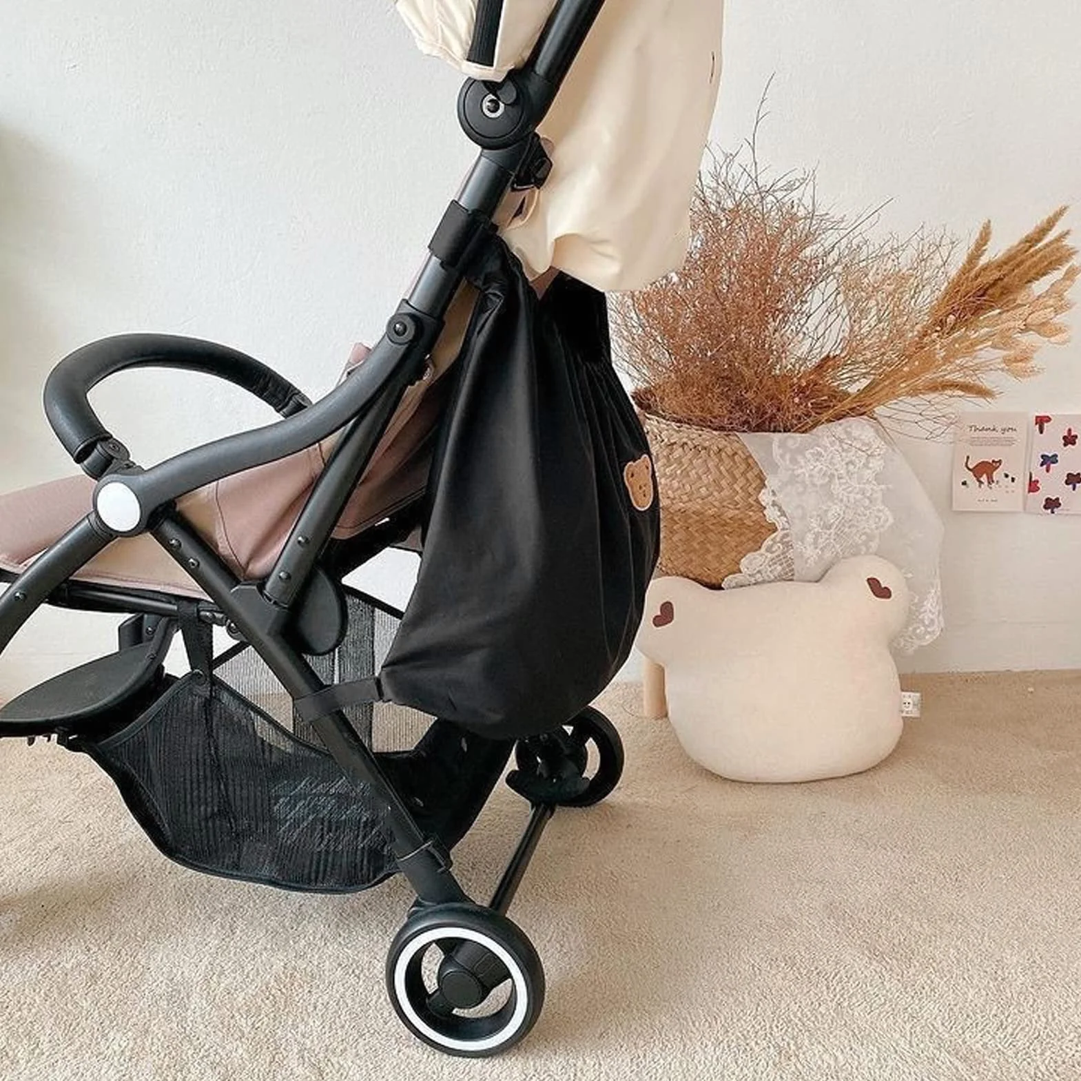 Borsa per Passeggino Impermeabile Resistente Allo Strappo Simpatico Organizer per Passeggino con Motivo a Orso Riutilizzabile per Caricabatterie per Cellulare (Nero)
